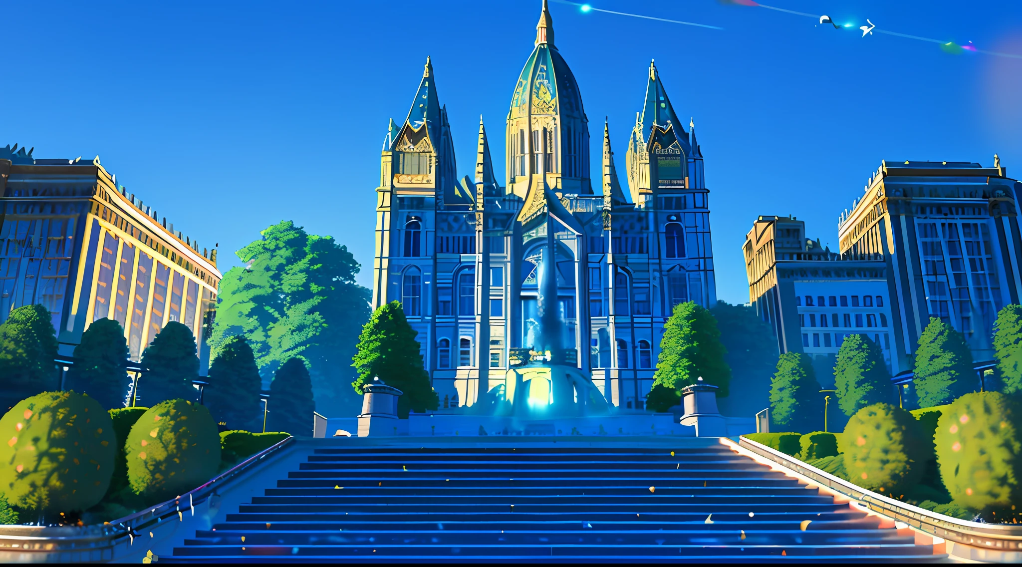 {{{{masterpiece, realistic, extremely detailed, intricate details, soft focus, 8K, highres, depth of field, absurdres, high quality facial shadowing, dynamic shadowing, cinematic lighting, perfect lighting, soft lighting, blurry foreground, lens flare}}}}, best quality, (summer night:1.5), (enhanced background:1.4), tall broken buildings, Utopian future, clear blue skies, fountain in the center of the picture with tree's surrounding it and stairs leading up to it
