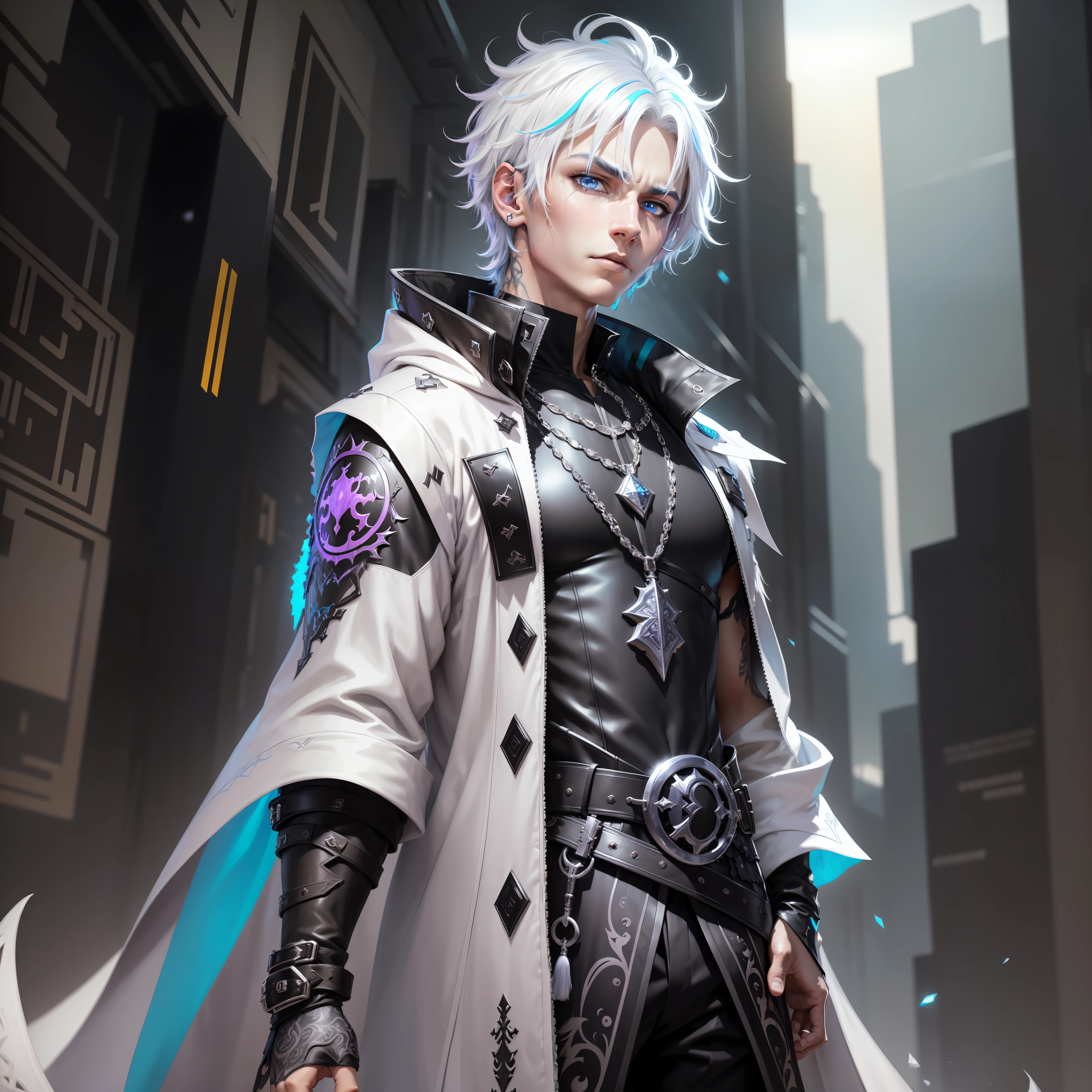 Male cyberpunk, fantasy world, dark background, clean design, epic instagram, artstation, colorful ink splashes, silhouette, hyper detailed intricate details, unreal engine, fantasy, intricate details, home screen, complementary colors, fantasy concept art, 8k resolution, deviantart masterpiece, oil painting, heavy strokes, ink drips, (isolated on white background: 1.3), rainbow skin, (((cute young man))), ((teen: 1.5) ), (blue eyes ), ((clear eyes)), ((((short white hair: 1.1)))), ((black clothes)), (prince\\(indifferent expression\\),(((Wears luxurious black tunic with high details))), white hair, ice magic, ((chest) --v 6