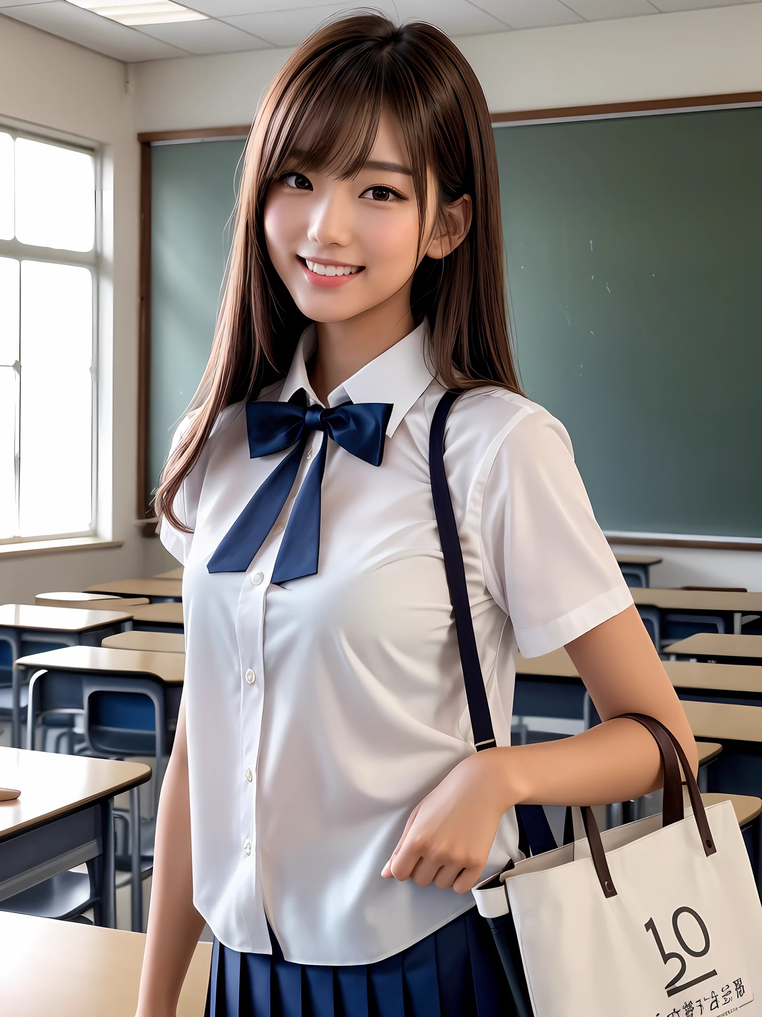 masterpiece, upper body shot, front view, a Japanese young pretty woman, coming up toward the camera in the classroom with a big smile, carrying a big tote bag on her shoulder, glamorous figure, wearing a short sleeves white collared silky shirt with shiny red satin plain bow tie, wearing a long length dark blue pleated skirt, hyper cute face, glossy lips, double eyelids in both eyes, Natural makeup, long eyelashes, shiny smooth light brown hair of medium length, asymmetrical bangs, tanned skin, in the classroom, head frame, central image, 8K resolution, high detail, detailed hairstyle, Detailed Face, spectacular cinematic lighting, octane rendering, vibrant, hyper realistic, perfect limbs, perfect anatomy