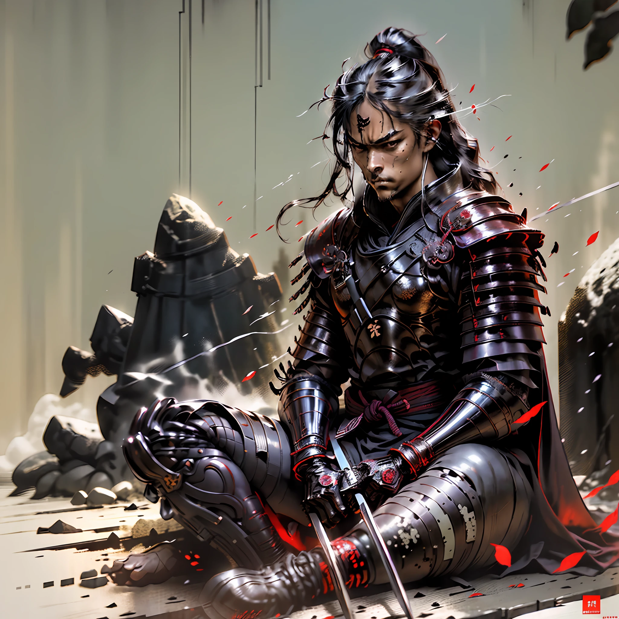 Samurai, stone mask, Cinematic, masterpiece, seated samurai pose, soft contrast, cinematic lighting, cinematic shadow, Katana_weapon, Samurai costume, anime scener, Gorgeous scenery, man, solo, katana on the ground, long hair, man face, normal ears, wind with leaves.