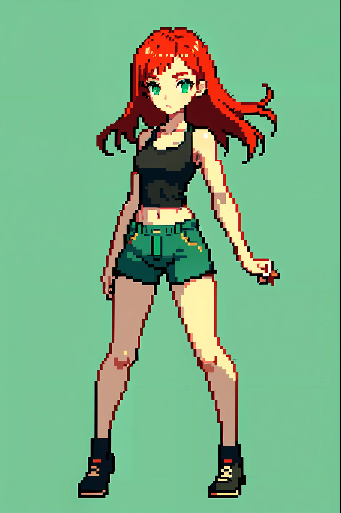 (masterpiece, top quality, best quality), pixel,pixel art,1girl,full body, green eyes, red hair, black tanktop, green underwear