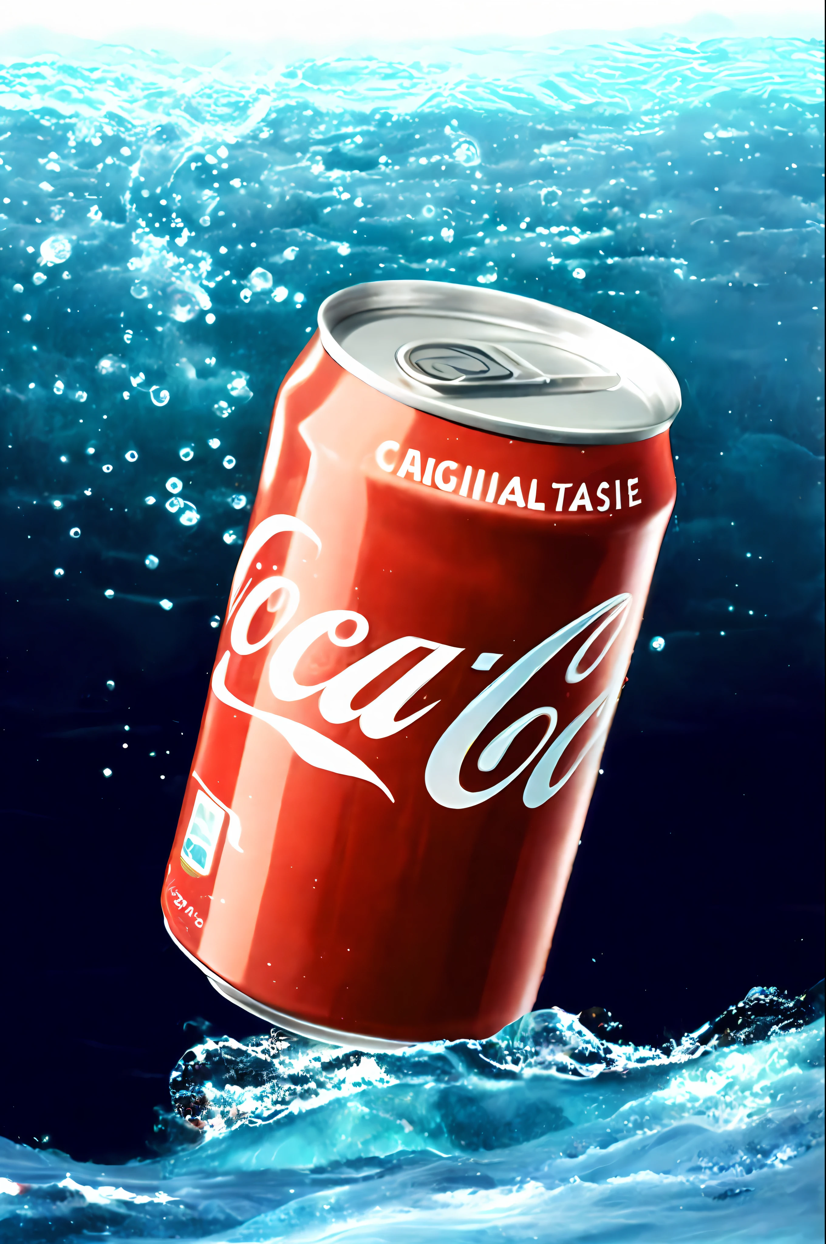 A can of Coca-Cola drink is in the iceberg sea, with bubbles around it, showing a very cool feeling