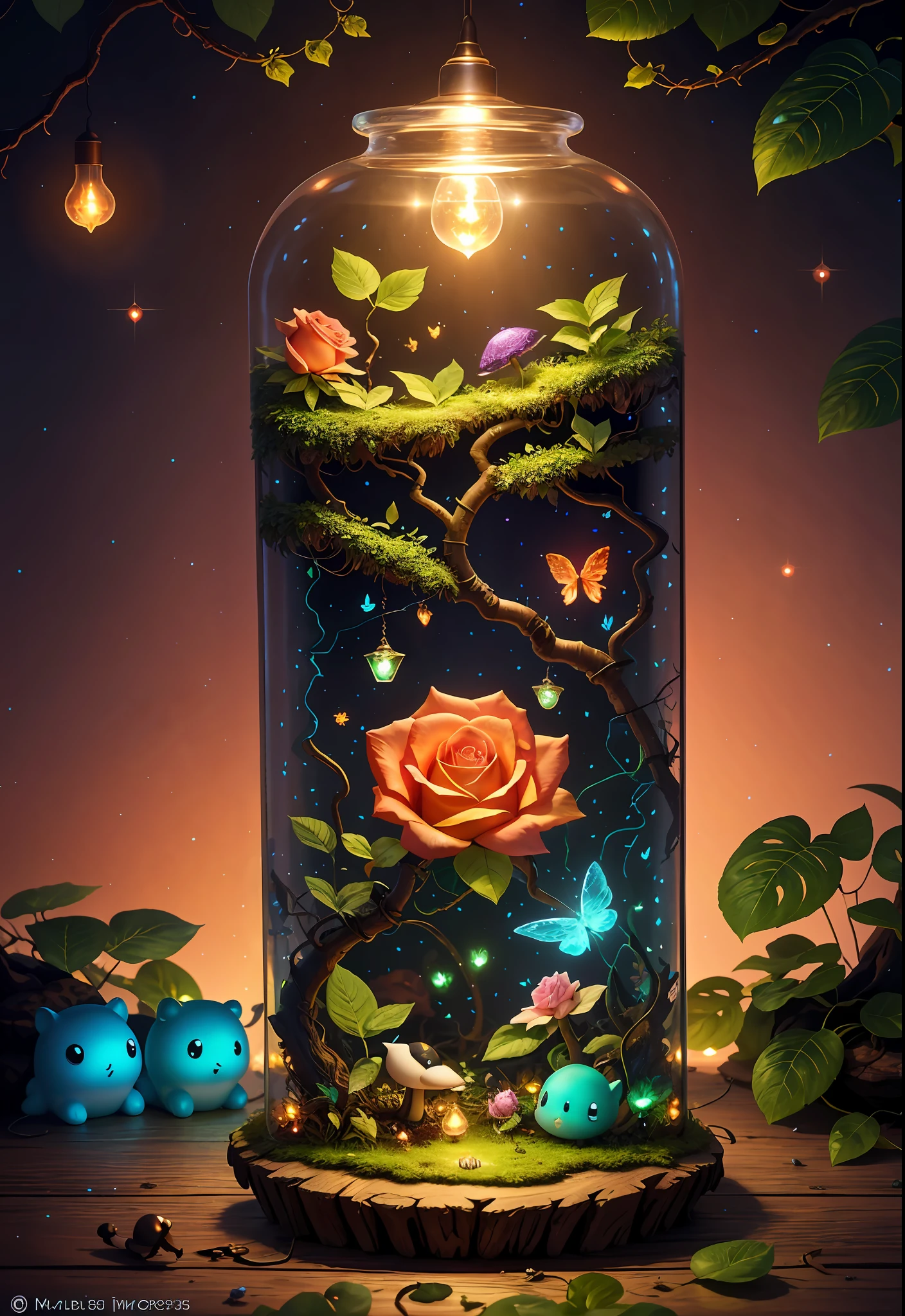 Fantasy in a glass, "ethereal roses, cute slime animals, glowing little mushrooms surrounded by delicate leaves and branches, and fireflies and glowing particle effects", (natural elements), (jungle theme), (leaves), (branches), (fireflies), butterflies, (delicate leaves), (glow), (particle effects), super realistic, super detailed, dramatic lightning, 4k, masterpiece,