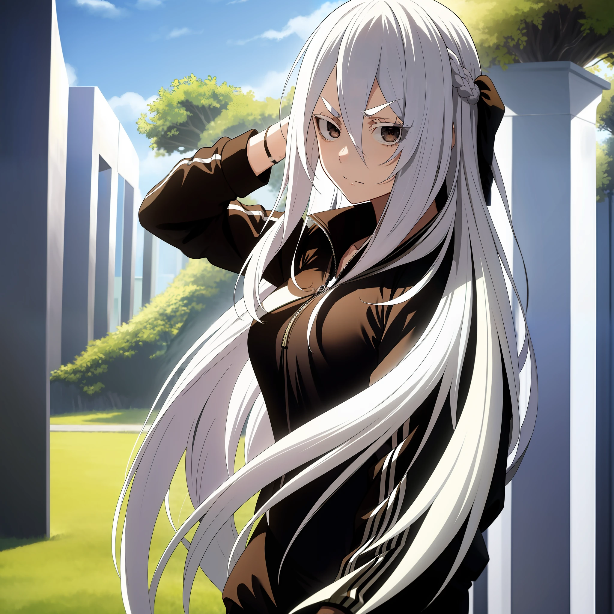 masterpiece,best quality,anime,2d,detailed eyes,
1girl,solo,full body, very long hair, white hair, black eyes, colored eyelashes, white_eyelashes,hair between eyes, black track suit, medium breasts, standing, outdoors, white_eyebrows,smug,