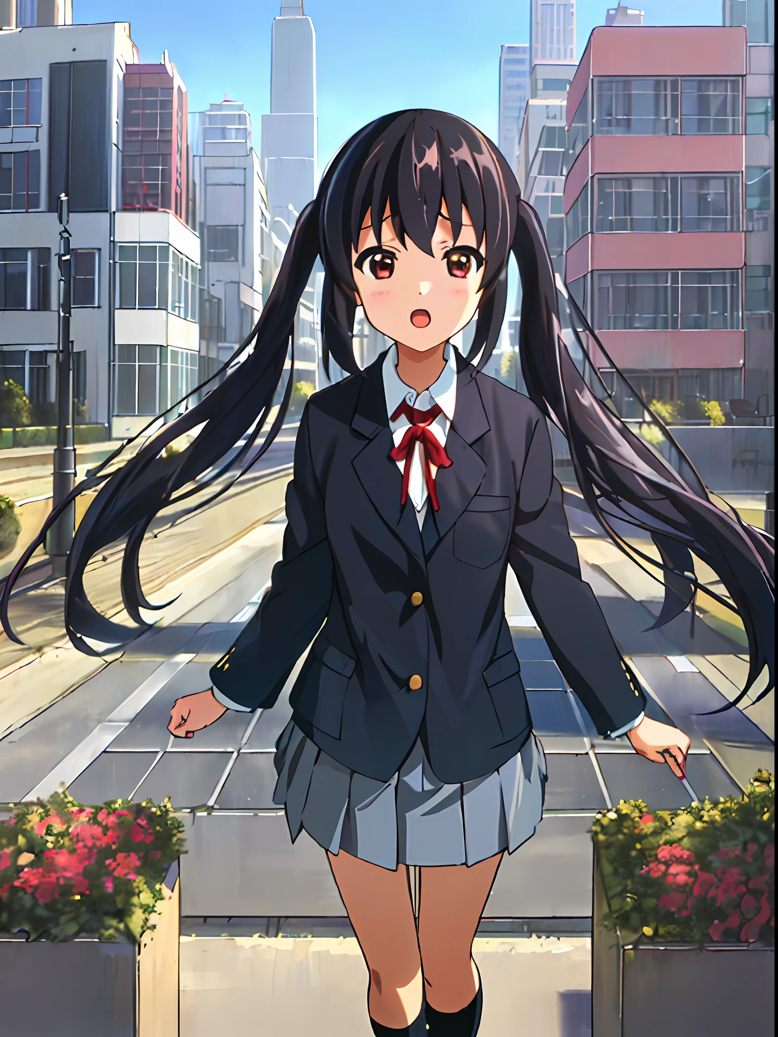 1girl, ((((Masterpiece))), Best Quality, Best Quality, High Detail, Azusa Nakano, 1girl, Sakuragaoka High School Uniform, Musical Instrument, School Uniform, Twin Tails, Long Hair, Black Hair, Brown Eyes, Solo, Red, Dark blue blazer with a thin ribbon of red, Solid white button shirt under blazer, Illustration, Cartoon, Soothing tones, Muted colors, Soft cinematic light, Adobe Lightroom, Photo Lab, HDR, complex and highly detailed, (((depth of field))))). (((Masterpiece))). (((highest quality))).) ((super detail))). (((Illustration))). (((Outside))). (((fighting stance))).,((((Giantization))).dynamic focus.small breasts. (((skyscrapers))). (((Cityscape))). (((Face of sadness))). open mouth.