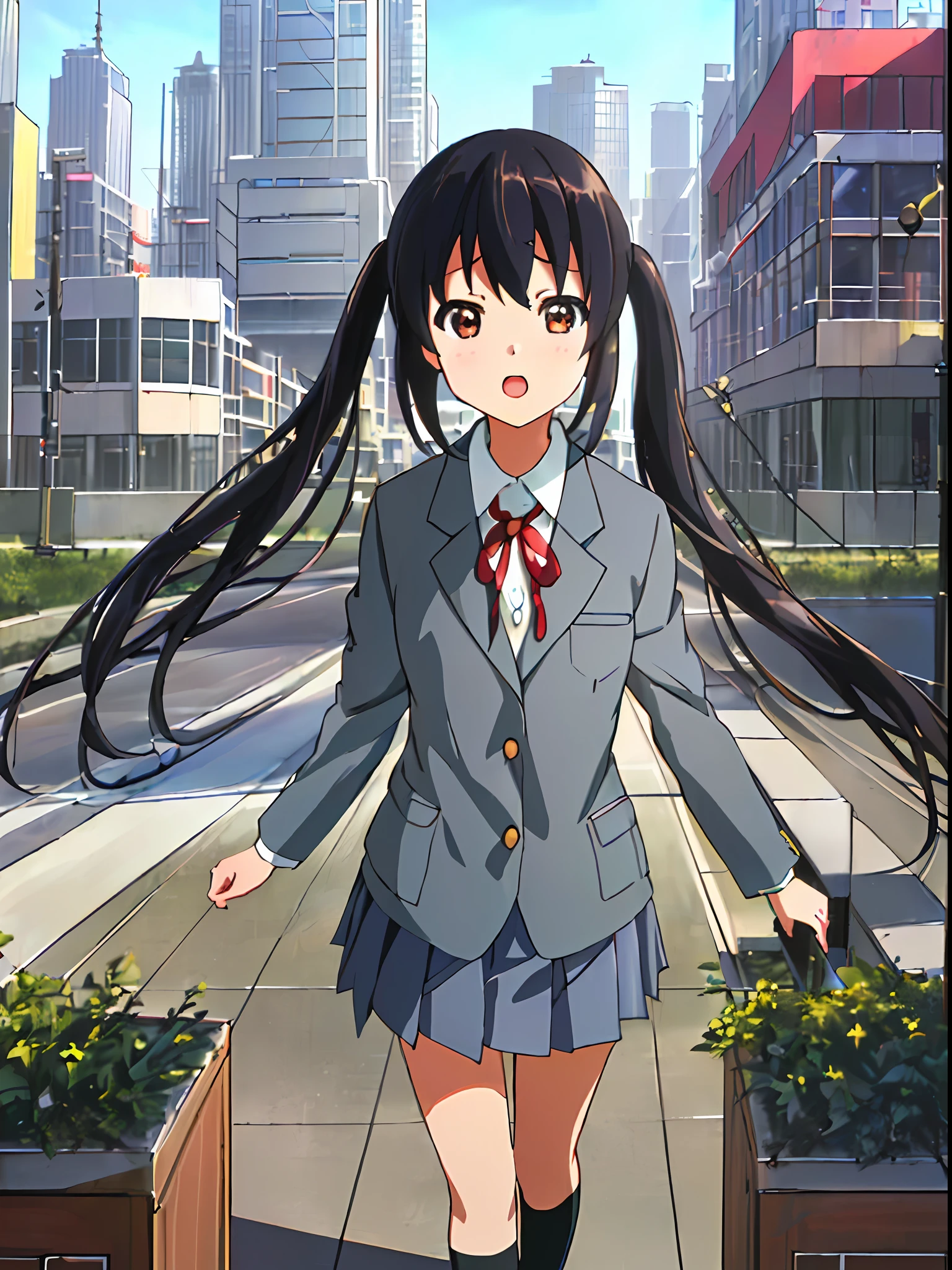 1girl, ((((Masterpiece))), Best Quality, Best Quality, High Detail, Azusa Nakano, 1girl, Sakuragaoka High School Uniform, Musical Instrument, School Uniform, Twin Tails, Long Hair, Black Hair, Brown Eyes, Solo, Red, Dark blue blazer with a thin ribbon of red, Solid white button shirt under blazer, Illustration, Cartoon, Soothing tones, Muted colors, Soft cinematic light, Adobe Lightroom, Photo Lab, HDR, complex and highly detailed, (((depth of field))))). (((Masterpiece))). (((highest quality))).) ((super detail))). (((Illustration))). (((Outside))). (((fighting stance))).,((((Giantization))).dynamic focus.small breasts. (((skyscrapers))). (((Cityscape))). (((Face of sadness))). open mouth.