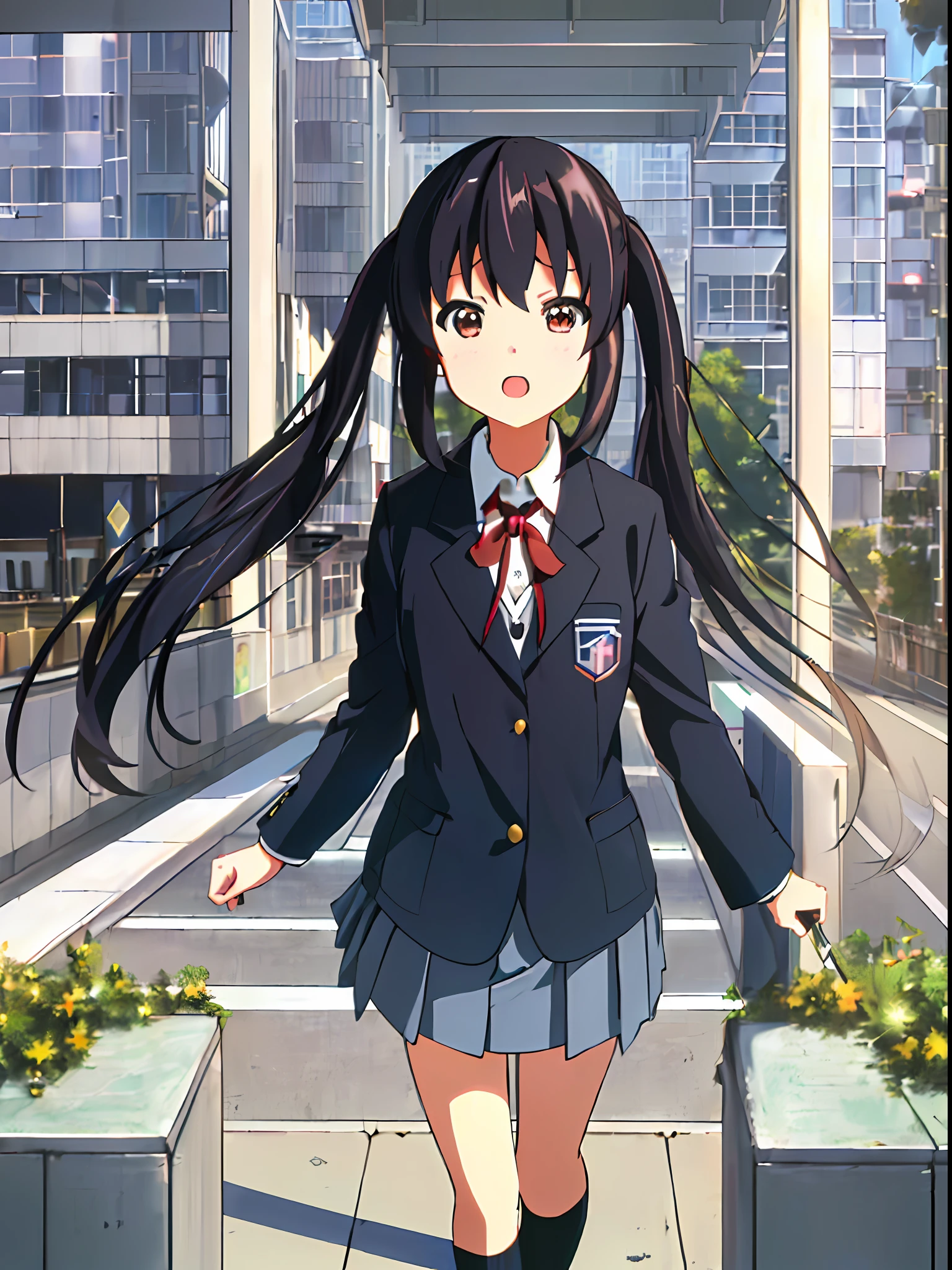 1girl, ((((Masterpiece))), Best Quality, Best Quality, High Detail, Azusa Nakano, 1girl, Sakuragaoka High School Uniform, Musical Instrument, School Uniform, Twin Tails, Long Hair, Black Hair, Brown Eyes, Solo, Red, Dark blue blazer with a thin ribbon of red, Solid white button shirt under blazer, Illustration, Cartoon, Soothing tones, Muted colors, Soft cinematic light, Adobe Lightroom, Photo Lab, HDR, complex and highly detailed, (((depth of field))))). (((Masterpiece))). (((highest quality))).) ((super detail))). (((Illustration))). (((Outside))). (((fighting stance))).,((((Giantization))).dynamic focus.small breasts. (((skyscrapers))). (((Cityscape))). (((Face of sadness))). open mouth.