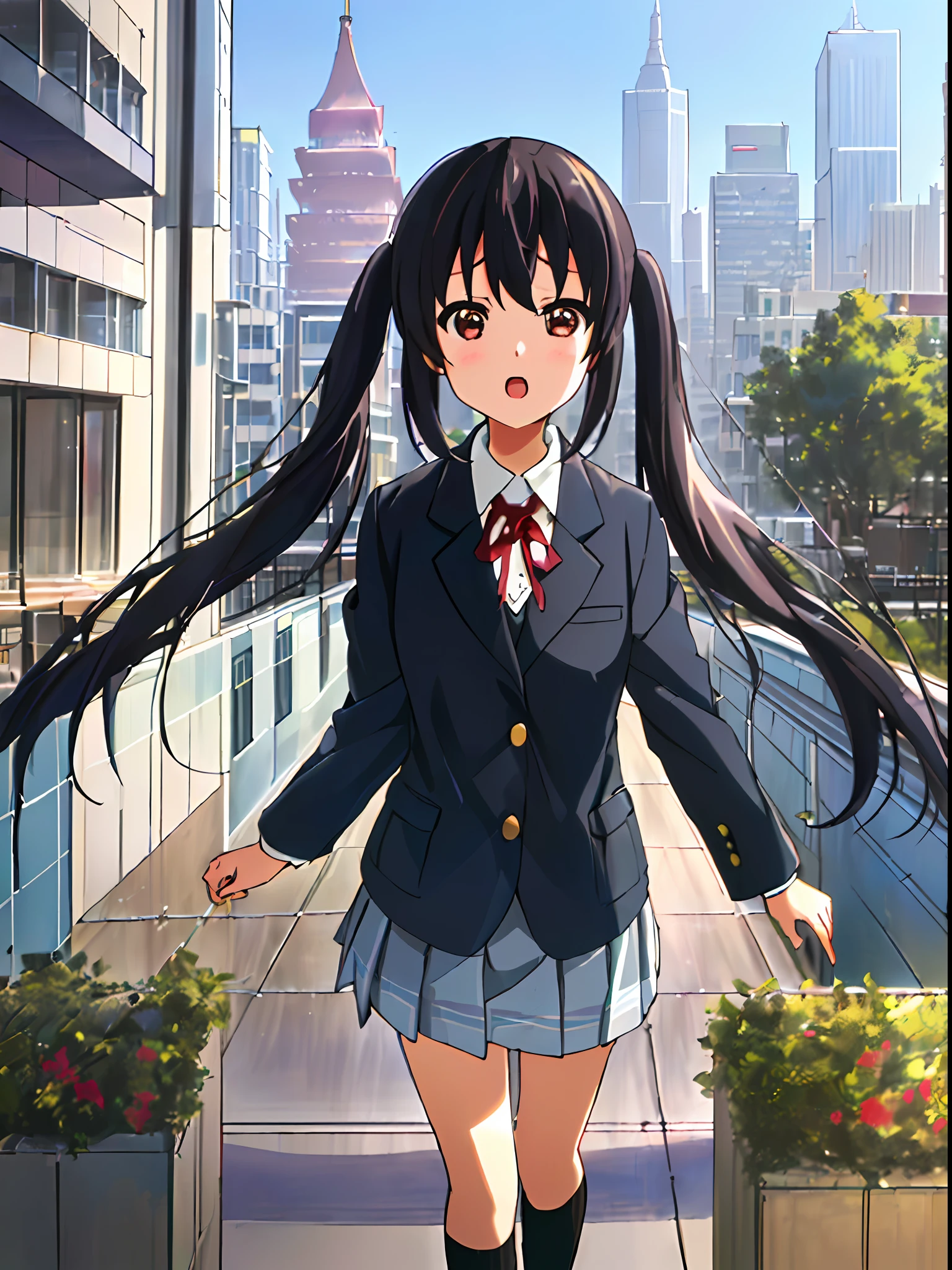 1girl, ((((Masterpiece))), Best Quality, Best Quality, High Detail, Azusa Nakano, 1girl, Sakuragaoka High School Uniform, Musical Instrument, School Uniform, Twin Tails, Long Hair, Black Hair, Brown Eyes, Solo, Red, Dark blue blazer with a thin ribbon of red, Solid white button shirt under blazer, Illustration, Cartoon, Soothing tones, Muted colors, Soft cinematic light, Adobe Lightroom, Photo Lab, HDR, complex and highly detailed, (((depth of field))))). (((Masterpiece))). (((highest quality))).) ((super detail))). (((Illustration))). (((Outside))). (((fighting stance))).,((((Giantization))).dynamic focus.small breasts. (((skyscrapers))). (((Cityscape))). (((Face of sadness))). open mouth.