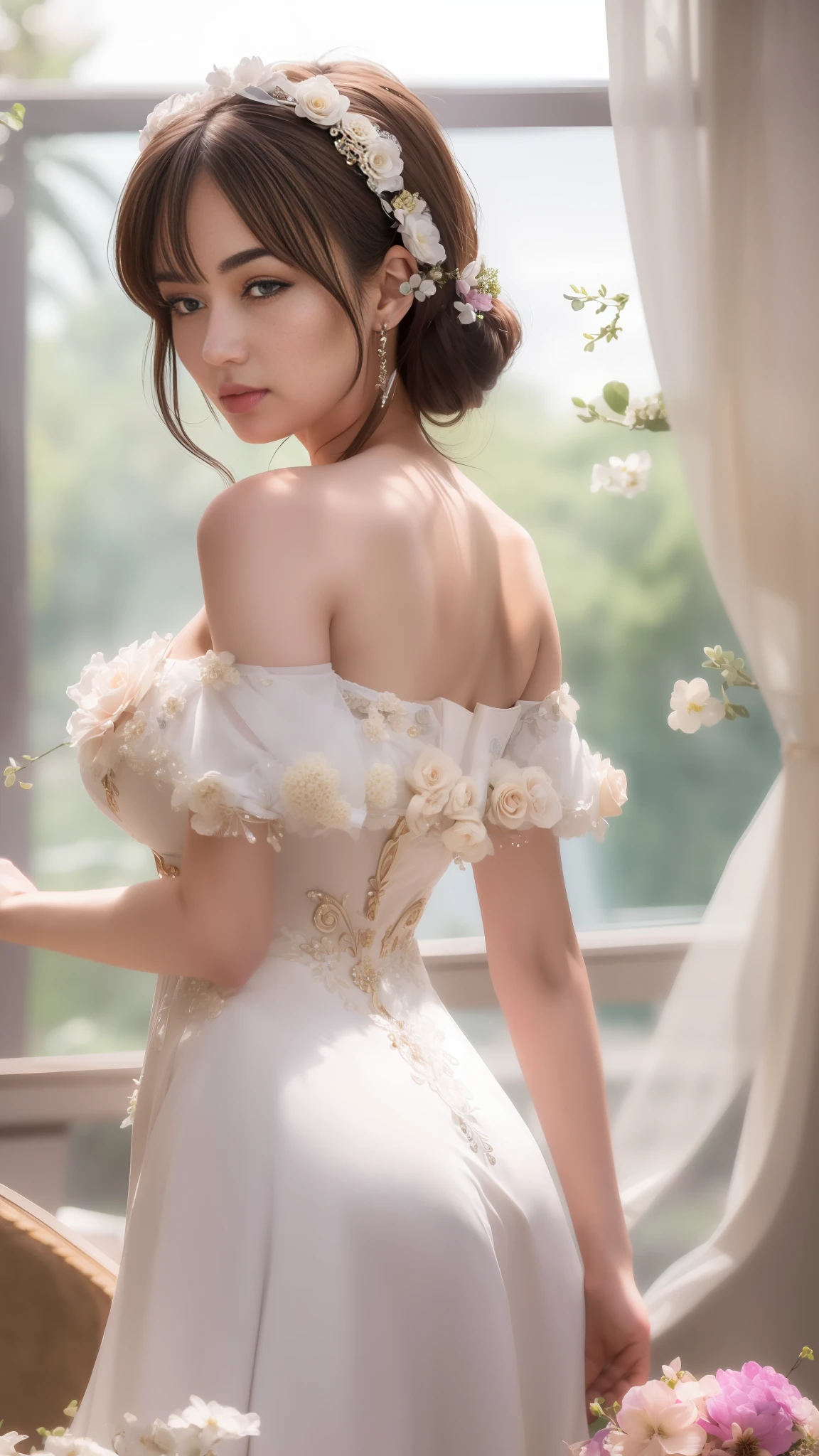 araffe asian woman in a white dress with a flower in her hair, elegant corset, white royal dress, romantic dress, silk dress, royal elegant pose, rococo queen, elegant glamourous cosplay, imperial royal elegant clothing, victorian dress, lovely queen, fantasy long intricate gown, silk satin, romantic gown, cute elegant pose, exquisite aristocratic,  masterpiece, superdeformed, full body: 1.2, ultra high res, RAW photo, masterpiece, ultra detailed, 8k, full detailed hair, highres, best quality, ultra high res, ultra detailed face and eyes, (photorealistic:1.4), looking at viewer, smiling, cute,  (ray tracing:1.4), (long legs:1.4), Best quality , masterpiece, large hip, big melons, big butt, large chest, large hip , big breast,  Yua Mikami, Fully facial detailed, beautiful, ((very detailed of hair )) , (((************))), thin lips, big eyes, highres, seducing, blue eyes , slim waist, 8k, 16k, highres,
karol bak uhd, inspired by hajime sorayama,