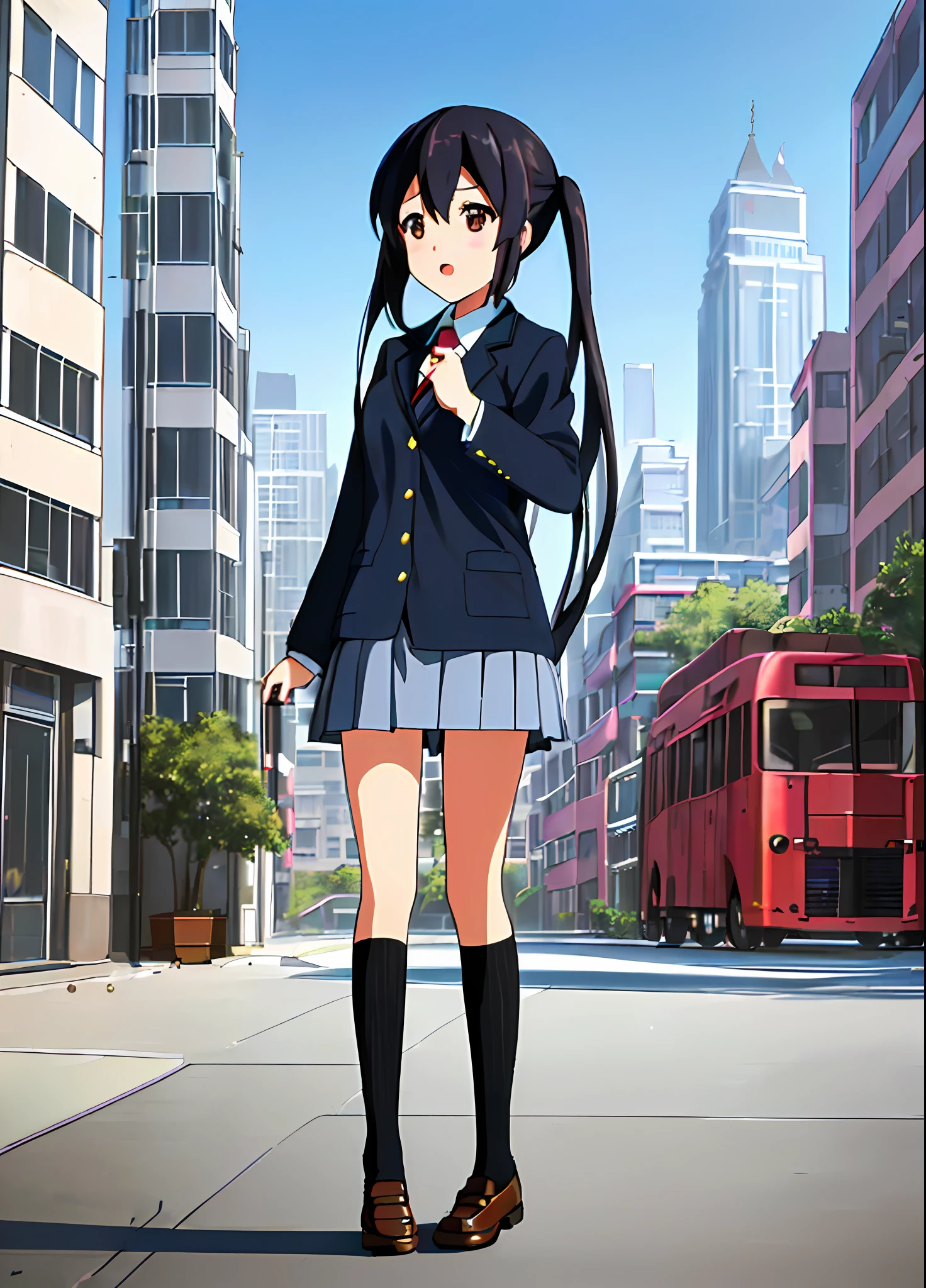 1girl, ((((Masterpiece))), Best Quality, Best Quality, High Detail, Azusa Nakano, 1girl, Sakuragaoka High School Uniform, Musical Instrument, School Uniform, Twin Tails, Long Hair, Black Hair, Brown Eyes, Solo, Red, Dark blue blazer with a thin ribbon of red, Solid white button shirt under blazer, Illustration, Cartoon, Soothing tones, Muted colors, Soft cinematic light, Adobe Lightroom, Photo Lab, HDR, complex and highly detailed, (((depth of field))))). (((Masterpiece))). (((highest quality))).) ((super detail))). (((Illustration))). (((Outside))). (((fighting stance))).,((((Giantization))).dynamic focus.small breasts. (((skyscrapers))). (((Cityscape))). (((Face of sadness))). open mouth.