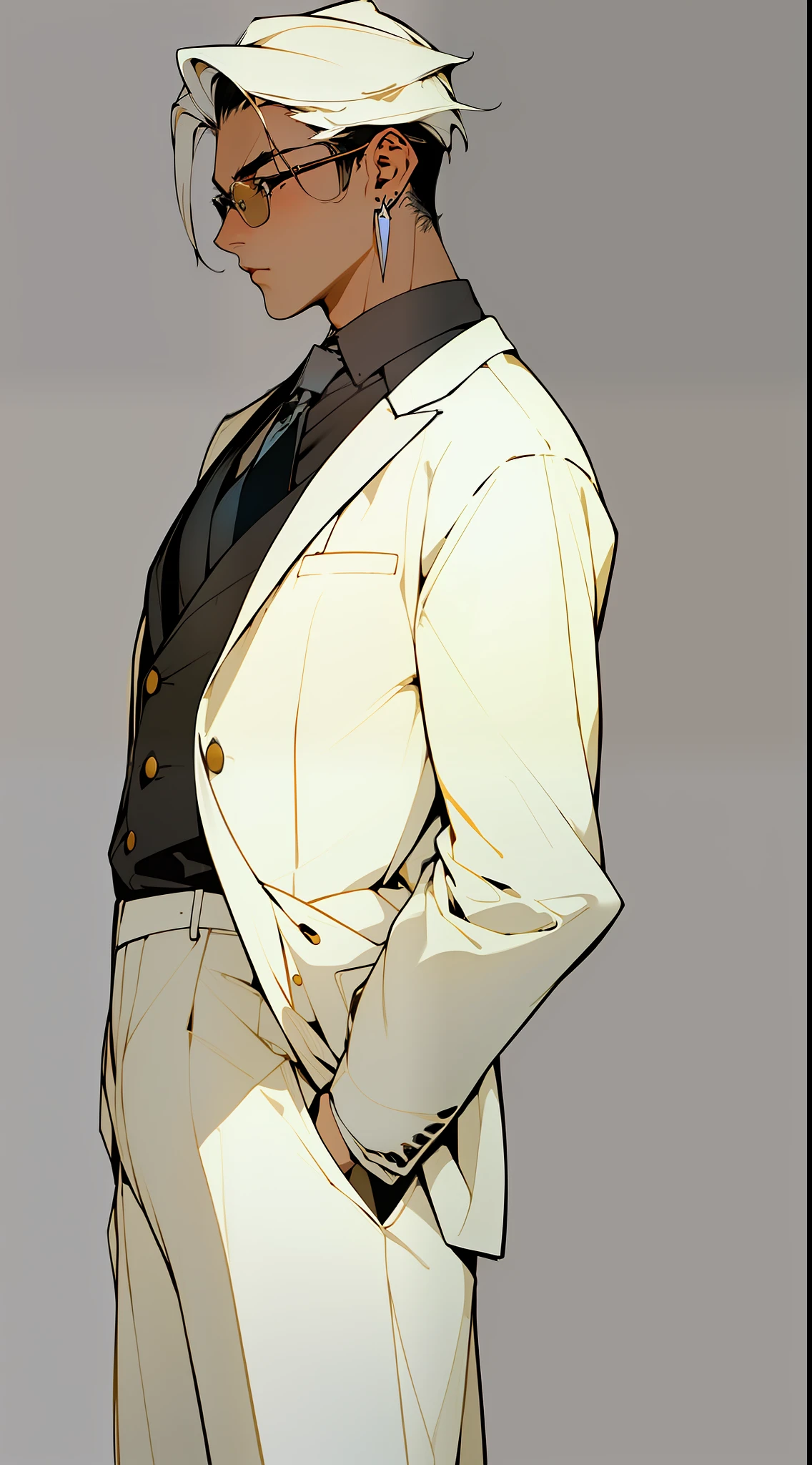 ((Masterpiece, Superb Business Negotiation Aesthetics)), 1 Boy Solo, Close Up, (Determined Eyes), (Business Suit, White Shirt, Tie, Trousers), (Long Black Hair), (Formal Wear), (Clear Facial Features, Detailed Skin Texture, Handsome Face), White Background, Earrings, Yellow Skin, Standing, (Masterpiece, Top Quality, Best Quality), (((Flat Color))),