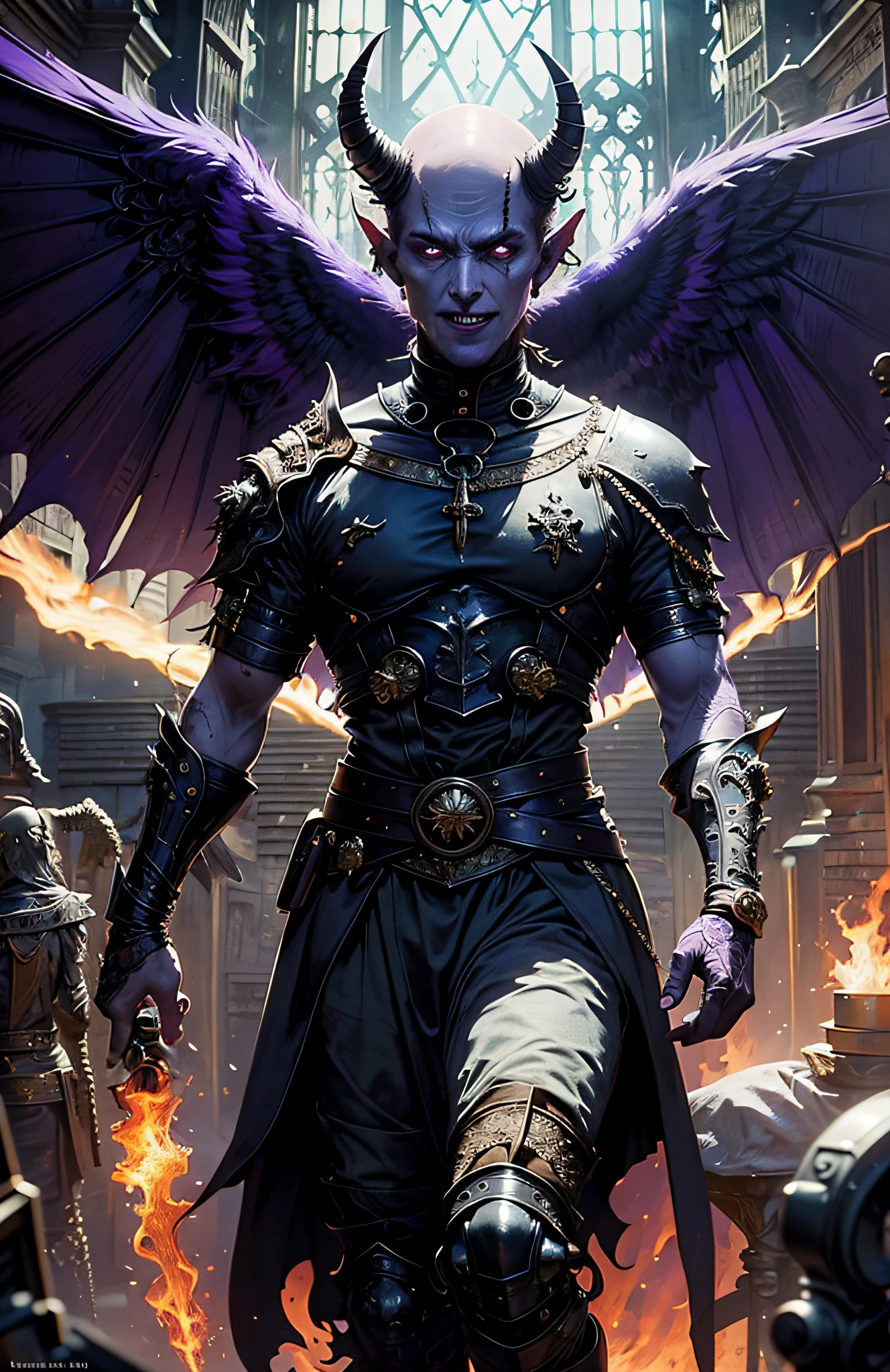 (extremely detailed 8k wallpaper),a full body shot photo of a fearful male undead (purple skin:1.2) gargoyle necromancer,2 Wings, intricate,(bald:1.2),forehead horns, high detail clothes(black medieval clothes:1.2),detailed face,beautiful face,(smile:1.2),shining red eyes (red eyes:1.2),(perfect hands,perfect fingers:1.3),(background a library room on fire:1.2), high detail, dramatic.