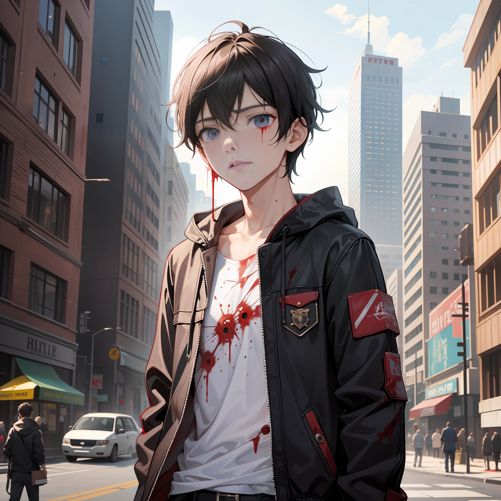 The end is coming, the boy is covered in blood, panic, tattered clothes, 18 years old, boy, expressionless, ruined city,