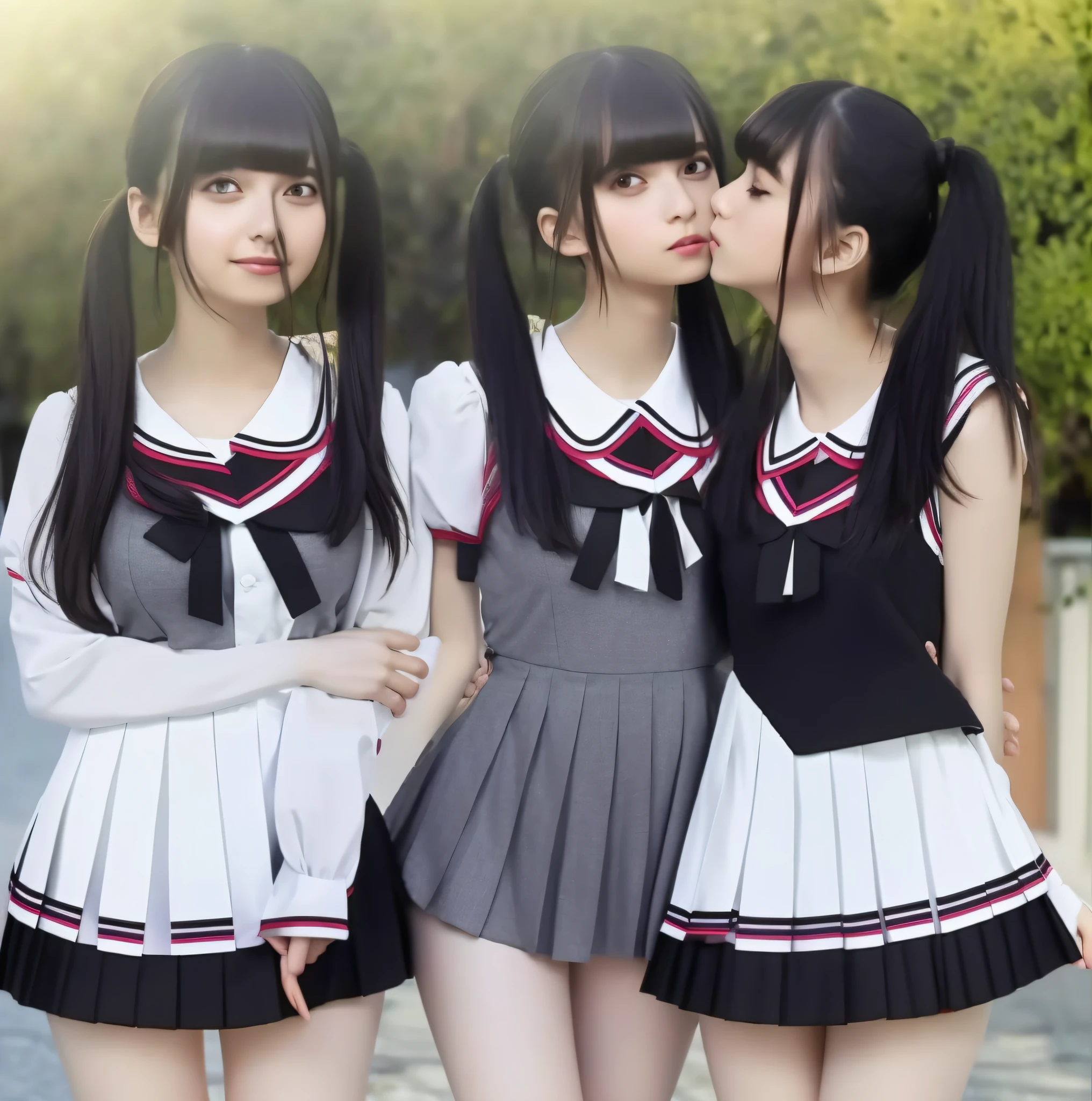 Masterpiece, top quality, full body, bangs, black choker, 2girls, lily, lesbian kiss, kiss, (black hair), long hair, twin tails, hug, cleavage, lush breasts, summer sailor suit, slim, see-through, super mini skirt, pleated skirt,
