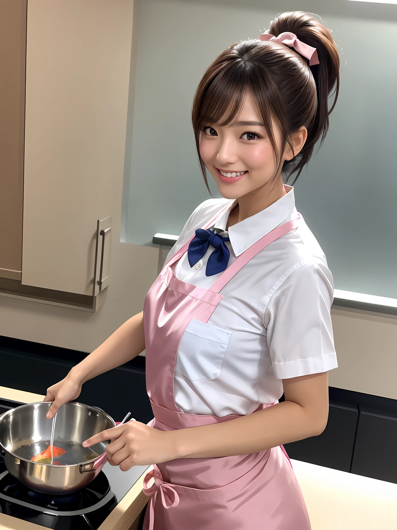 masterpiece, upper body shot, front view, a Japanese young pretty woman, cooking in the kitchen classroom with a big smile, wearing a pink apron with a front pocket, glamorous figure, wearing a short sleeves white collared silky shirt with shiny red satin plain bow tie, wearing a long length dark blue pleated skirt, hyper cute face, glossy lips, double eyelids in both eyes, Natural makeup, long eyelashes, shiny smooth light brown hair with ponytail, asymmetrical bangs, tanned skin, in the classroom, head frame, central image, 8K resolution, high detail, detailed hairstyle, Detailed Face, spectacular cinematic lighting, octane rendering, vibrant, hyper realistic, perfect limbs, perfect anatomy