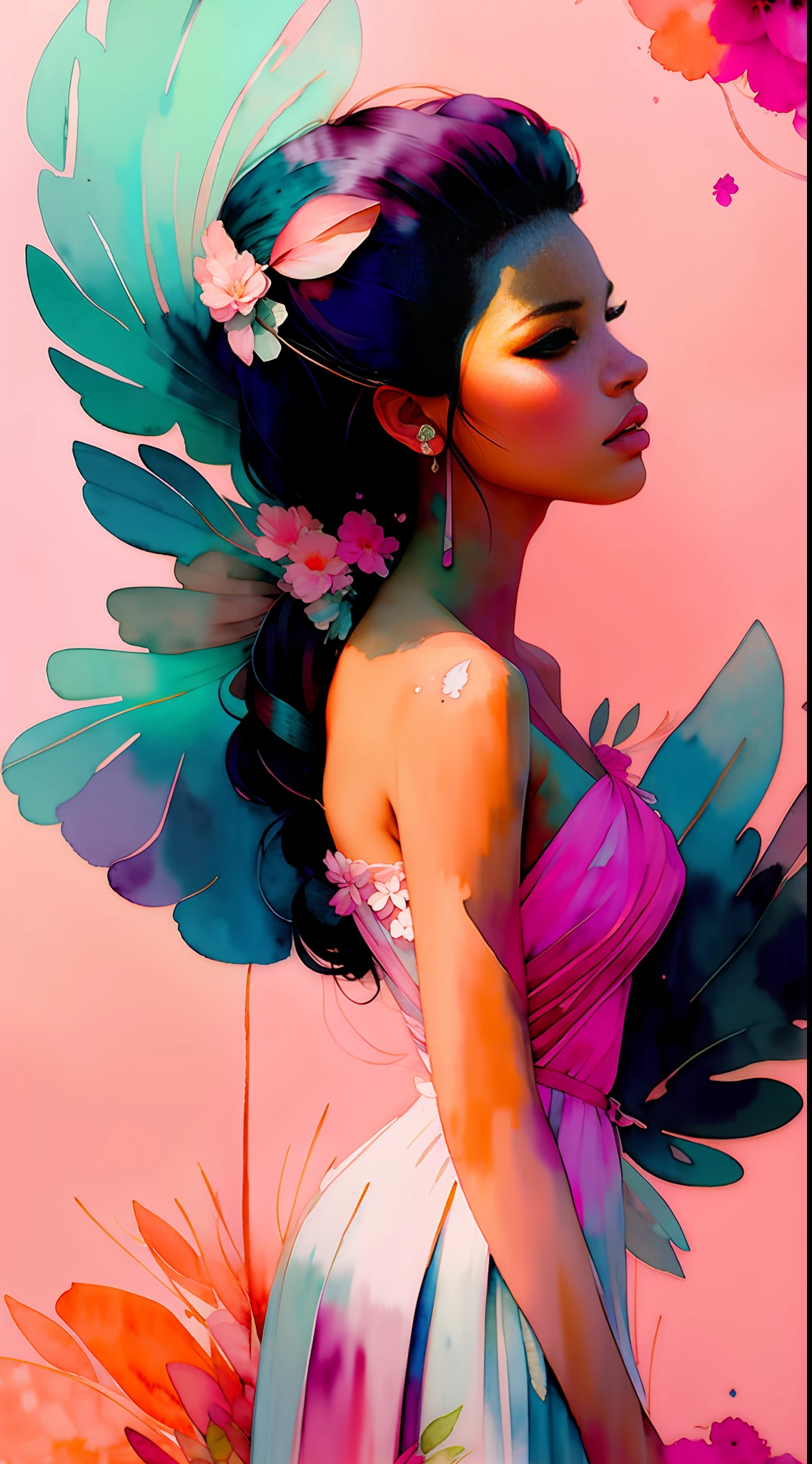 Closeup wtrcolor style, (pink) digital art, formal art, gone with the wind, masterpiece, beautiful, delicate, delicate, transparent((watercolor)), paint splashes, intricate details. Excellent detail, [drop:0.7], Trending on Artstation, Rachel Walker