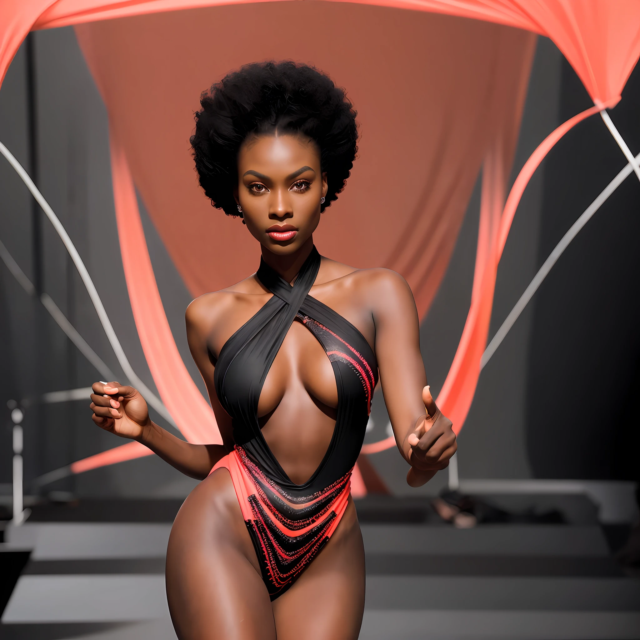 Create the ultra realistic midjourn v.5 type image of a model (black African features with perfect symmetrical eyes afro hairstyle, full body parading ) towards the camera confidently on the runway, (((wearing swimsuit))) ((tiny detailed neckline adjusted ultra modern symmetrical fit perfect fit fully coral fluorescent smooth vibrant intense color)) (detailed polyamide meryl fabric ,  Apply high-fashion photographic style to capture the essence of a glamorous epic high-fashion show by 50mm front lens in contrate background.