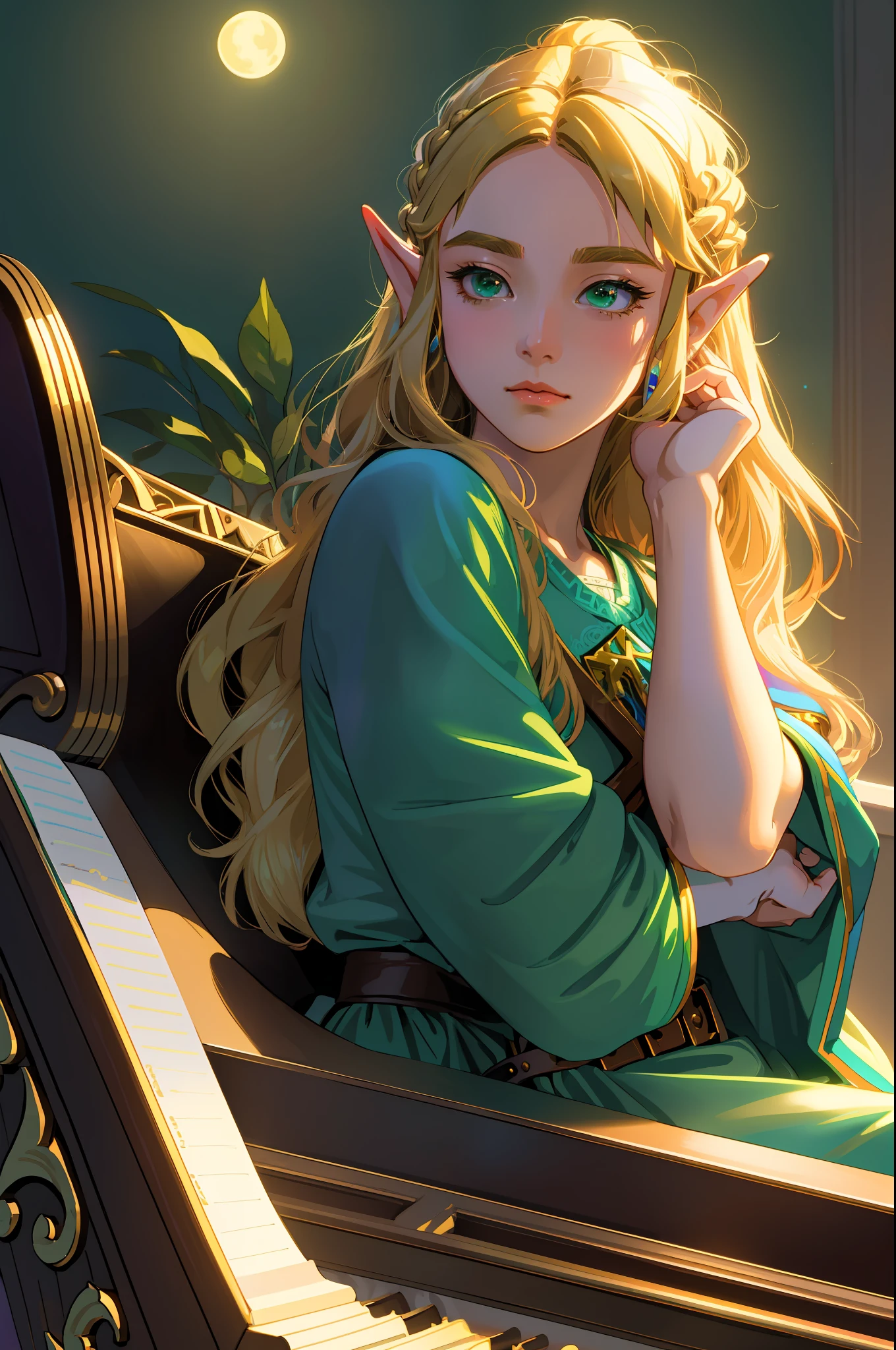 Zelda ((masterpiece)),(illustration),((best quality)), rainbow color, high resolution illustration, Amazing,highres, intricate detail, extremely detailed CG unity 8k wallpaper ((zelda)), small breast, upper_body, Naked, playing piano (delicate cute face), blonde long hair, infatuation, (green eyes), NSFW, moonlight, night