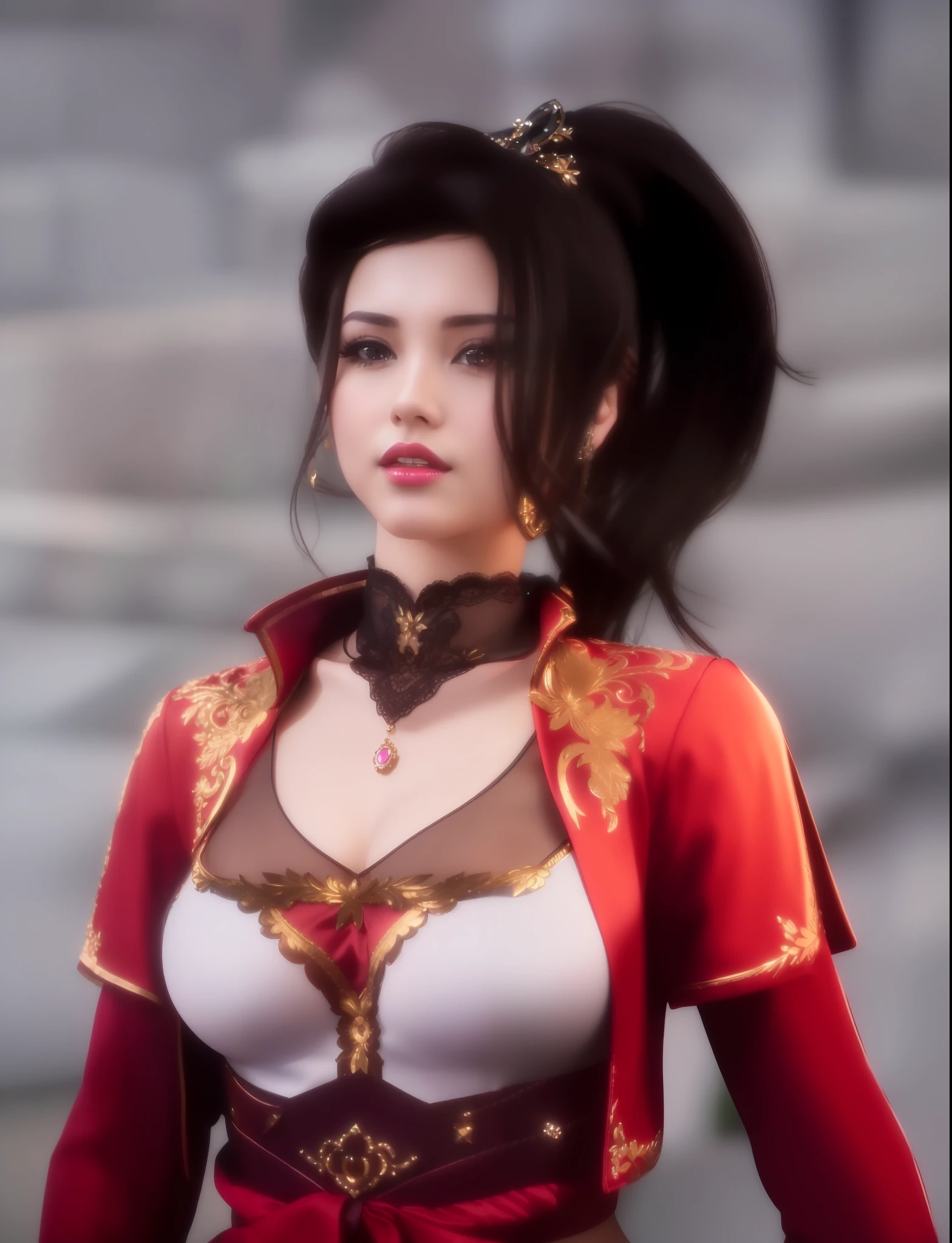 (masterpiece, best quality, extremely detailed 8k, ultra hd, ultra-detailed, highly detailed, highly realistic, ultra-realistic, photo realistic), (1girl:1.5), (detailed realistic skin), (realistic big breasts), (pink lipstick)