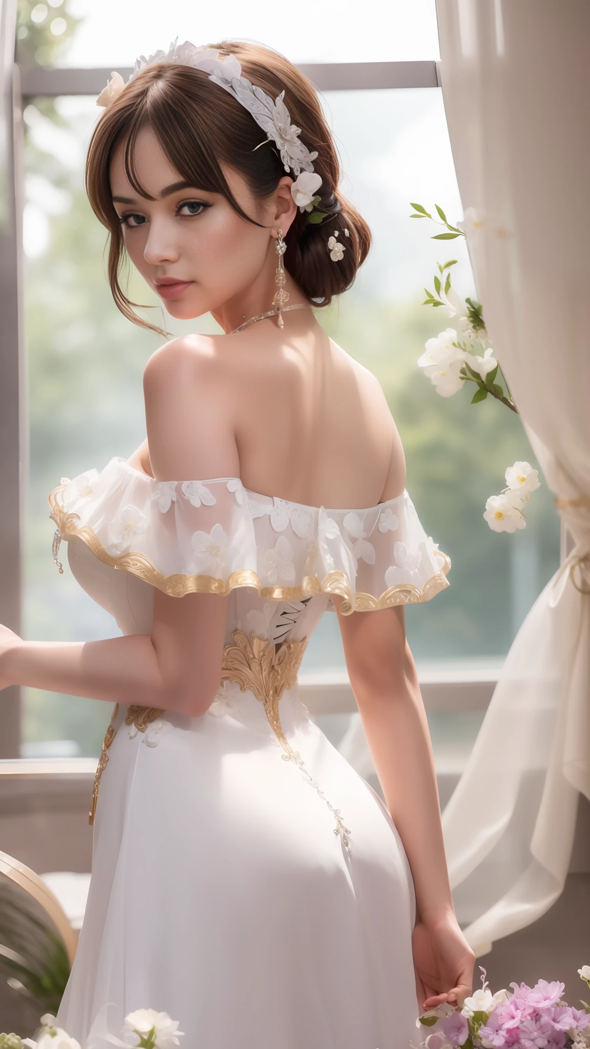 araffe asian woman in a white dress with a flower in her hair, elegant corset, white royal dress, romantic dress, silk dress, royal elegant pose, rococo queen, elegant glamourous cosplay, imperial royal elegant clothing, victorian dress, lovely queen, fantasy long intricate gown, silk satin, romantic gown, cute elegant pose, exquisite aristocratic,  masterpiece, superdeformed, full body: 1.2, ultra high res, RAW photo, masterpiece, ultra detailed, 8k, full detailed hair, highres, best quality, ultra high res, ultra detailed face and eyes, (photorealistic:1.4), looking at viewer, smiling, cute,  (ray tracing:1.4), (long legs:1.4), Best quality , masterpiece, large hip, big melons, big , large , large hip , big ,  Yua Mikami, Fully facial detailed, beautiful, ((very detailed of hair )) , (((14 years old))), thin lips, big eyes, highres, seducing, blue eyes , slim waist, 8k, 16k, highres,
karol bak uhd, inspired by hajime sorayama,