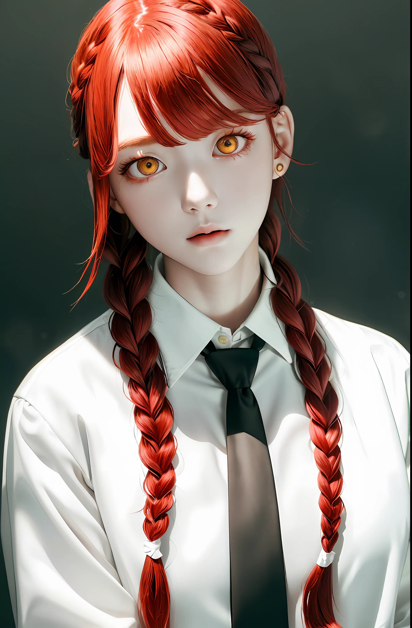 Masterpiece, (Realism: 1.4), School Flower, Best Quality, Beautiful Lighting, (Ulzzang-6500:0.5), Makima \ (Chainsaw Man\), (Red Hair) + (Long Braid) + (Bangs), Yellow Eyes, Golden Eyes, ((Eye Circles)), (White Shirt), (Tie), RAW Photo, 8K UHD, Film Granules