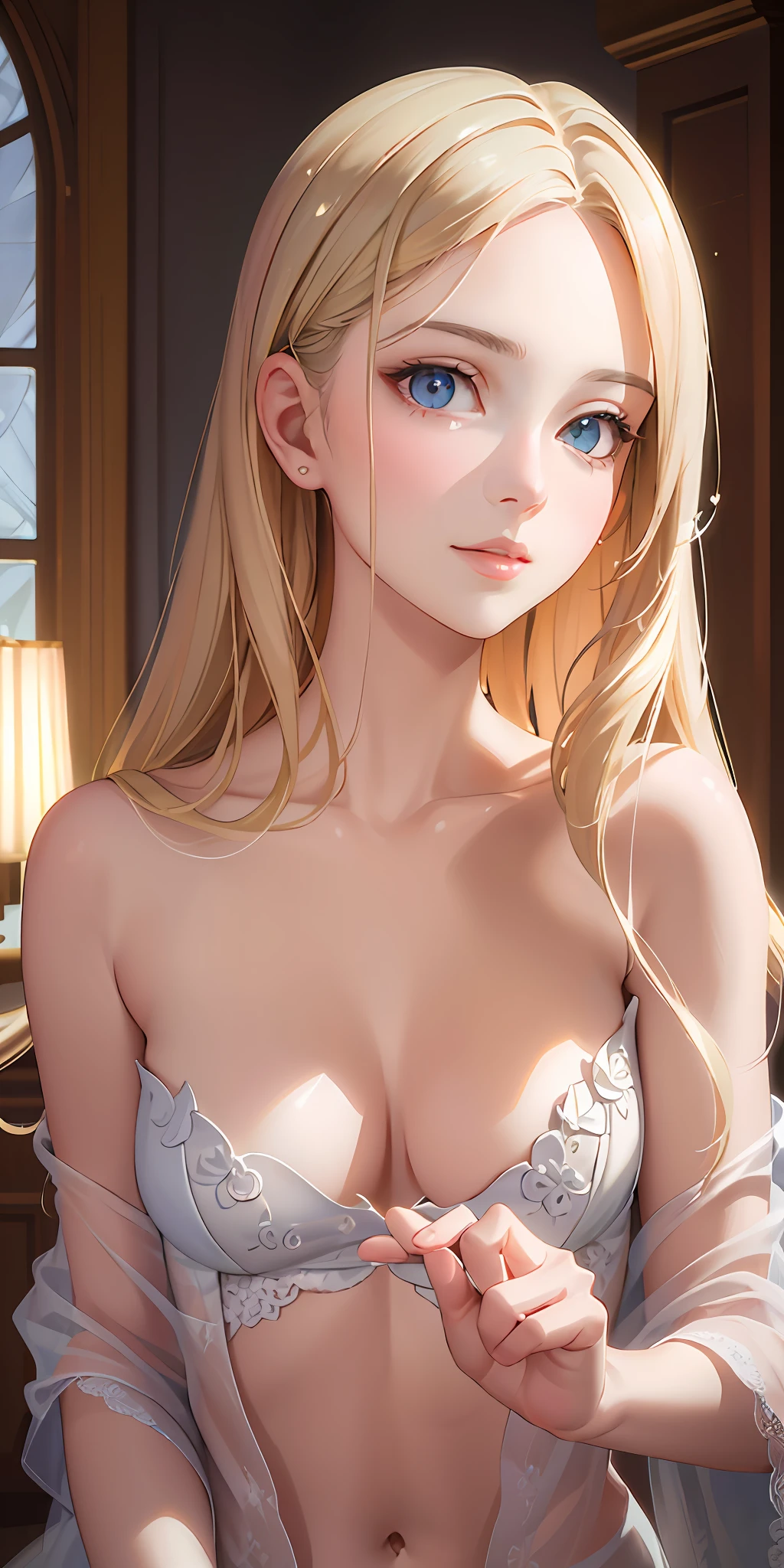 (Photorealistic:1.4), (Masterpiece, Sidelight, Exquisite Beautiful Eyes: 1.2), Masterpiece*Portrait, Realistic, 3D Face, Glistening Eyes, Glossy Hair, Glossy Skin, Solo, Embarrassing, (Abdomen),