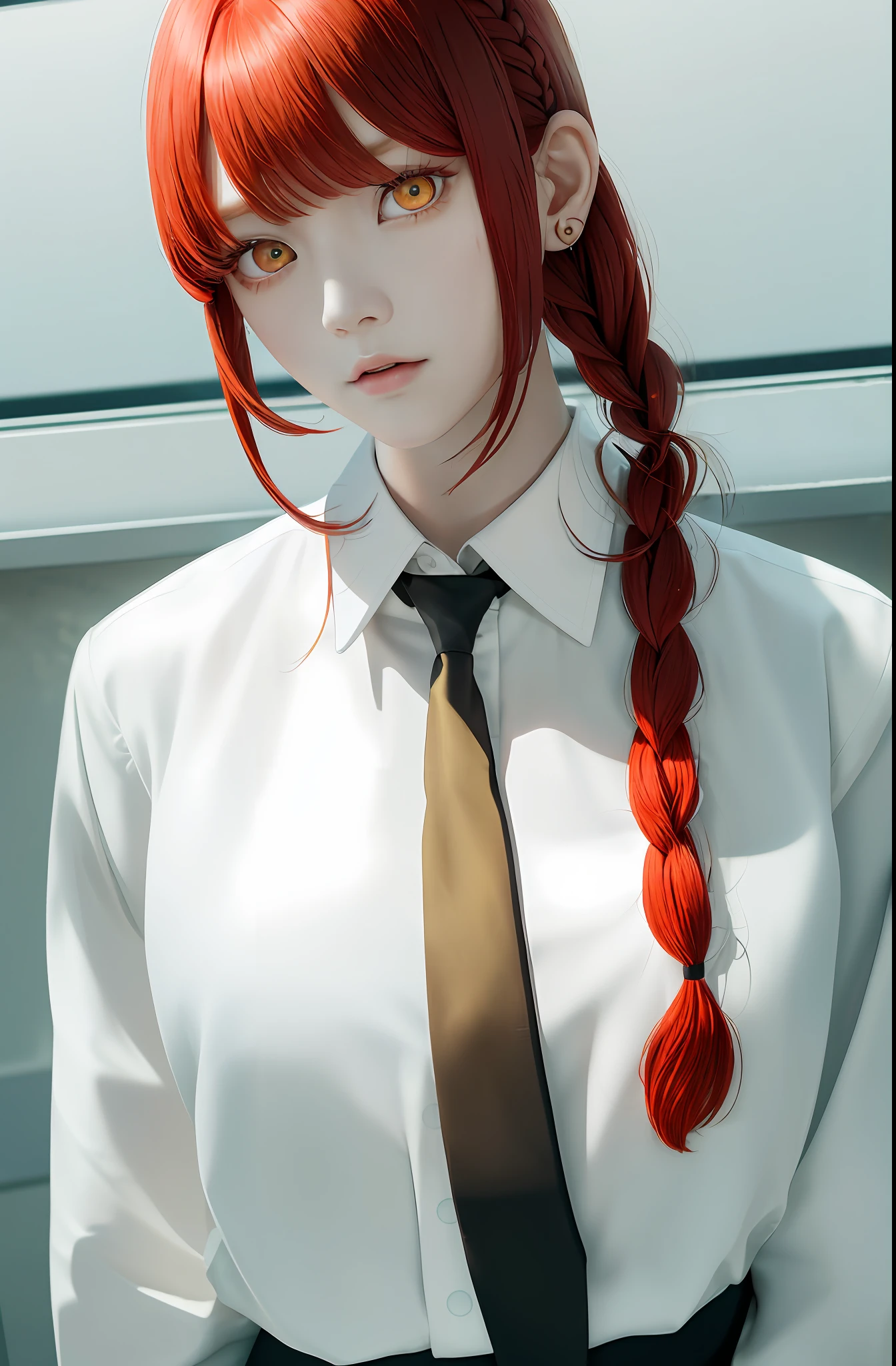 Masterpiece, (Realism: 1.4), School Flower, Best Quality, Beautiful Lighting, (Ulzzang-6500:0.5), Makima \ (Chainsaw Man\), (Red Hair) + (Long Braid) + (Bangs), Yellow Eyes, Golden Eyes, ((Eye Circles)), (White Shirt), (Tie), RAW Photo, 8K UHD, Film Granules