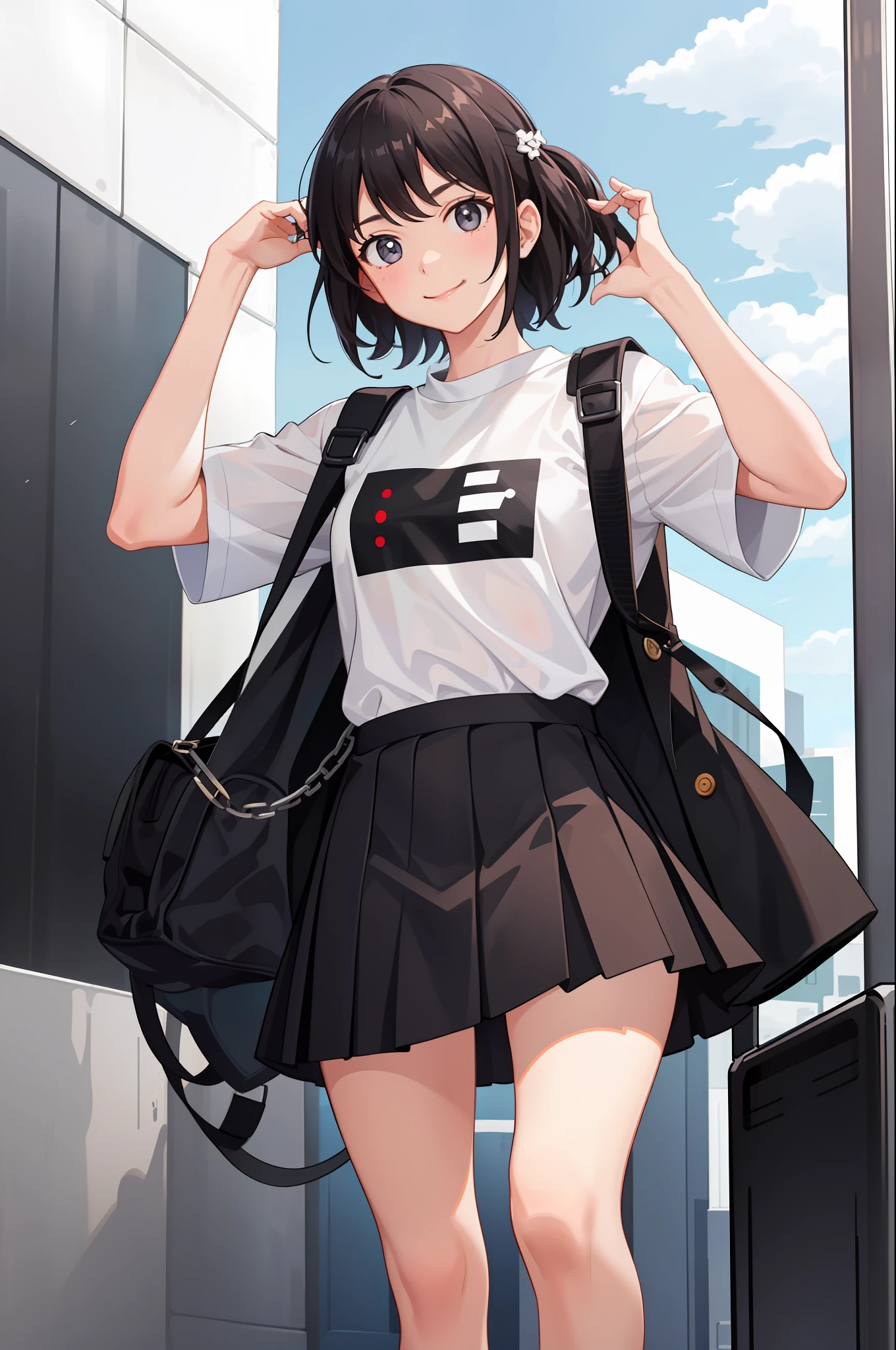 1 girl, smile, shirt, skirt, (small) chiralism,