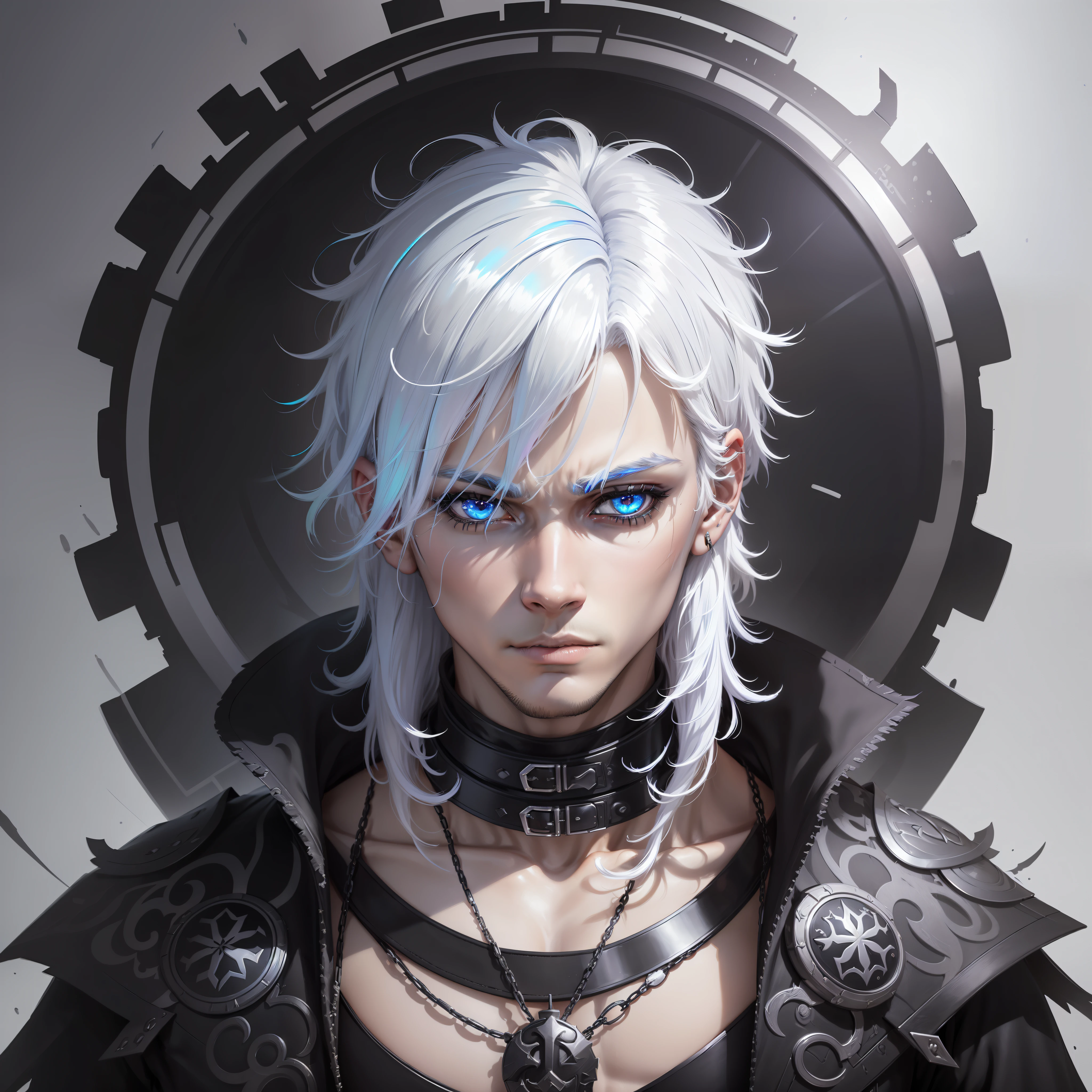 Male cyberpunk, fantasy world, dark background, clean design, epic instagram, artstation, colorful ink splashes, silhouette, hyper detailed intricate details, unreal engine, fantasy, intricate details, home screen, complementary colors, fantasy concept art, 8k resolution, deviantart masterpiece, oil painting, heavy strokes, ink drips, (isolated on white background: 1.3), rainbow skin, (((cute young man))), ((teen: 1.5) ), (blue eyes ), ((clear eyes)), ((((short white hair: 1.1)))), ((black clothes)), (prince\\(indifferent expression\\),(((Wears luxurious black tunic with high details))), white hair, ice magic, ((chest) --v 6