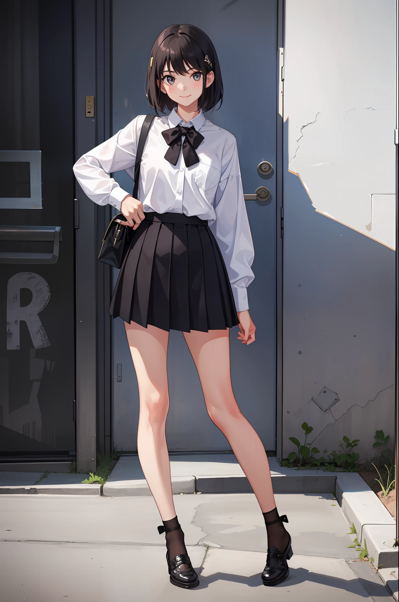 1 girl, smile, shirt, skirt, (small) chiralism,