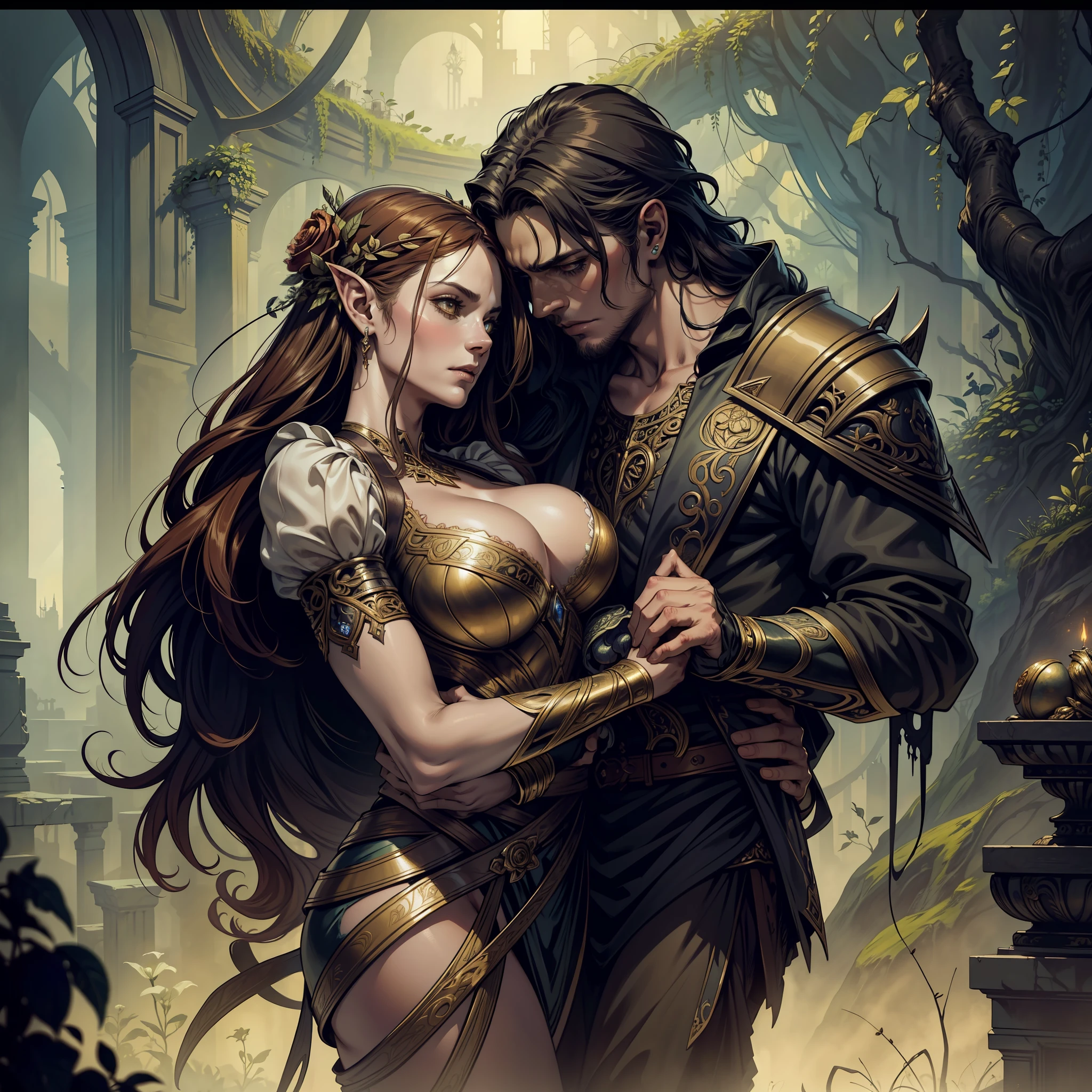 Romeo and Juliet - Juliet in Romeo's arms, ean-Baptiste Monge created a beautiful, award-winning painting with incredible details.The stunning dark fantasy scene features, put a Goblin, dressed as dark fantasy in center of the scene, crisp quality, sharp focus, and a perfect composition. It's a breathtaking piece full of intricate details that evoke memories of nature and overgrown flowers, complex roots, ultra sharp detail, no blur., sf, intricate artwork masterpiece, ominous, matte painting movie poster, golden ratio, trending on cgsociety, intricate, epic, trending on artstation, by artgerm, h. r. giger and beksinski, highly detailed, vibrant, production cinematic character render, ultra high quality model