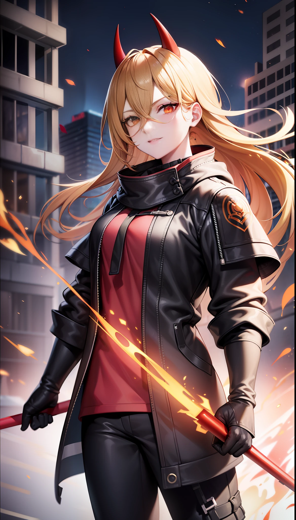 Pava, yellow hair, scythe in hand, red scythe in hand, red eyes (detailed depiction), evil smile, loose white shirt, black coat, loose trousers , (Shibuya: 1.4), (night light: 1.4), (thick body: 1.4), (long blonde hair: 1.4), HDR (high dynamic range), ray tracing, NVIDIA RTX, super resolution, Unreal 5, subsurface scattering, PBR textures, post-processing, anisotropic filtering, depth of field ,maximum sharpness and sharpness, multi-layer textures, Albedo and specular mapping, surface shading, accurate simulation of light-material interactions, octane rendering, duotone lighting, low ISO, white balance, rule of thirds, large aperture, 8K RAW, (luminous particles: 1.4), {{masterpiece, best quality, extremely detailed CG, Unity 8k wallpaper, 3D, cinematic lighting, lens flares}},