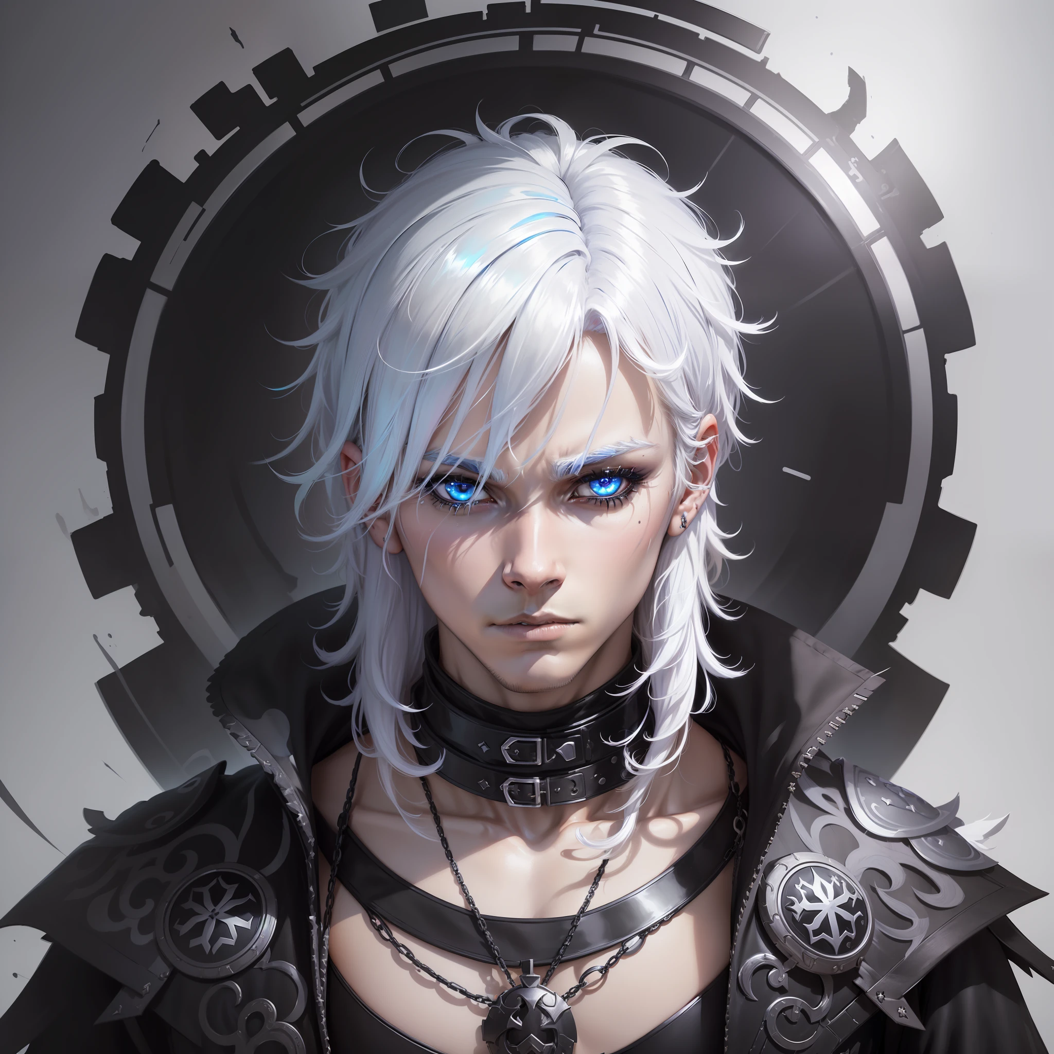 Cyberpunk woman, fantasy world, dark background, clean design, epic instagram, artstation, colorful ink splashes, silhouette, hyper detailed intricate details, unreal engine, fantasy, intricate details, home screen, complementary colors, fantasy concept art, 8k resolution, deviantart masterpiece, oil painting, heavy strokes, ink drips, (isolated on white background: 1.3), rainbow skin, (((cute young man))),  ((teen: 1.5) ), (blue eyes ), (((clear eyes)), ((((long white hair: 1.1)))), (((black clothes)), (prince\\(indifferent expression\\),(((Wears luxurious black tunic with high details)))), white hair, ice magic, ((?????) --v 6