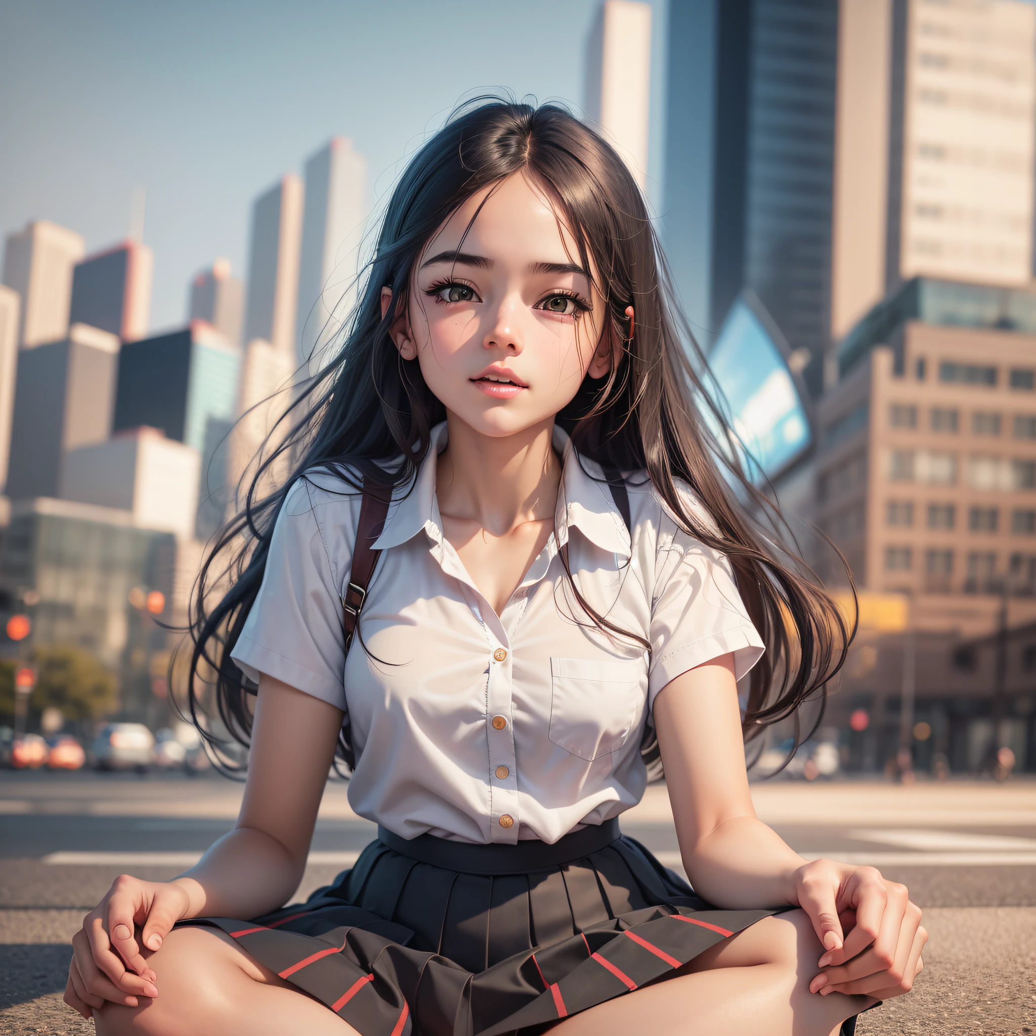Move your center of gravity back, put your hands in front of both feet, put both feet in the circle of your hands, very embarrassing, no panties, thin legs, tight skirts, knees at 90 degrees, heels on the floor, hands in front of my feet, hugging my legs, kneeling, sidewalk, RAW photos, 8K, highest quality, ultra-high resolution, beautiful detailed faces, real human skin, soft expressions, frontal vision, bottom angle, long hair, realistic, photorealistic, cute, short skirt, crouched in the background of the city, cute school girl, brazilian student uniform, wearing school uniform, surreal high school girl, full body, --auto --s2