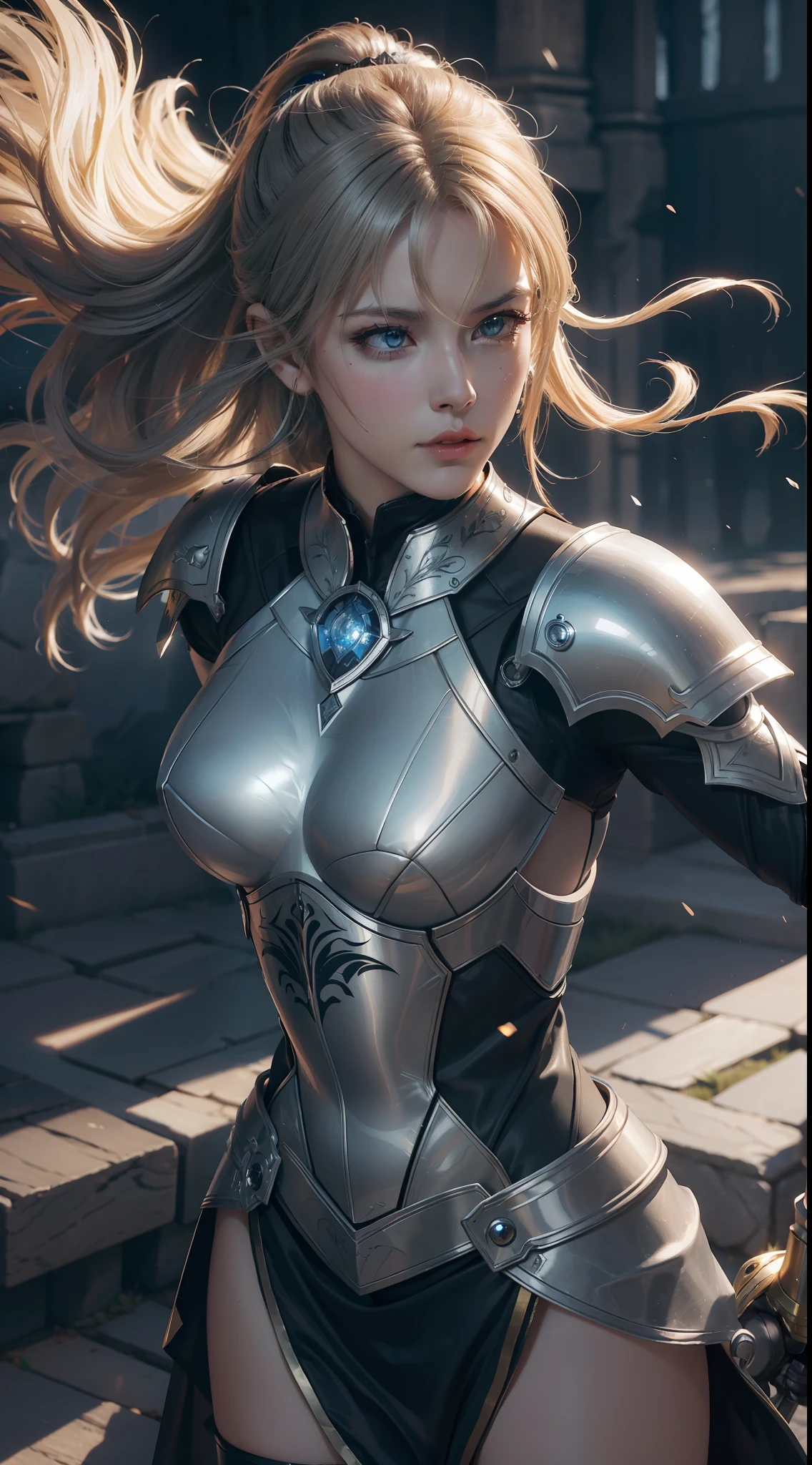 Katherine Winnick, 8k, ultra detailed, masterpiece, best quality, (extremely detailed), Saber (Fate Stay Night), Saber cosplay, dynamic angle, mysterious expression, wind effect, fantasy background, rim lighting, cinematic light, ultra high res, 8k uhd, film grain, sweaty, best shadow, delicate, RAW, light particles, detailed skin texture, detailed armor texture, detailed face, intricate details, ultra detailed, bright, strong, silver armor, pauldrons, bright eyes, fantasy, (realistic), complex, intricate, perfect lighting, looking at the viewer, cinematic lighting, flying in the sky, flying, sacred light, vivid, rumble, windy, ((2 woman in battle))