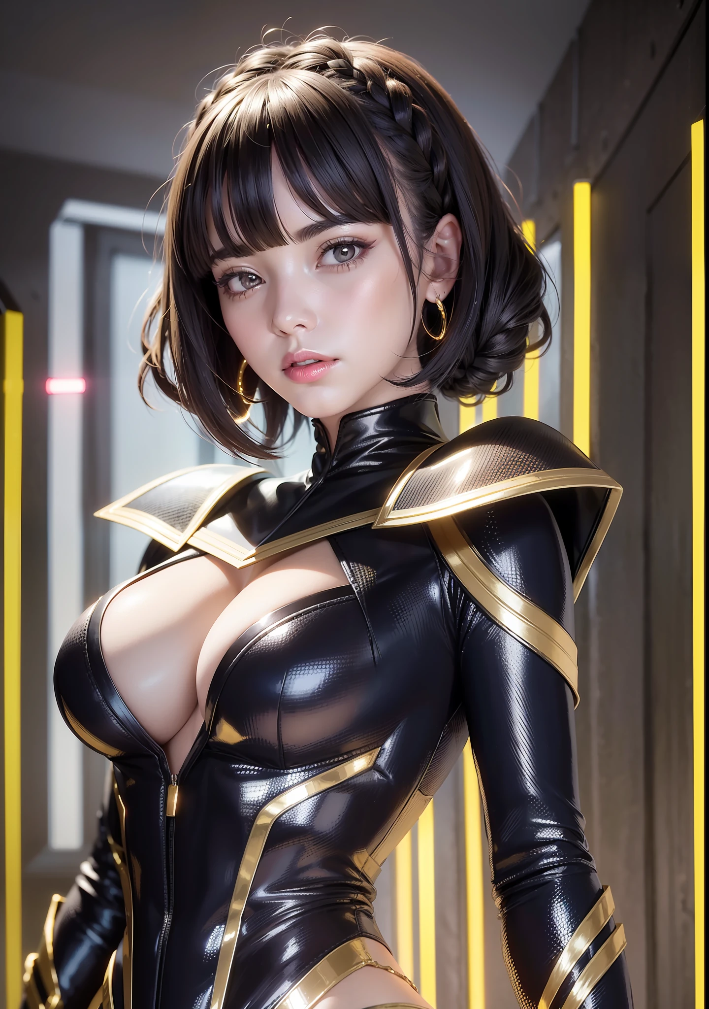 Bust ((half body)) Hyperrealistic masterpiece brunette short hair braids ((with glowing colorful fringe)) Superheroine in detailed black & golden tight plugsuit ((with white cape)), cinematic illumination 8k