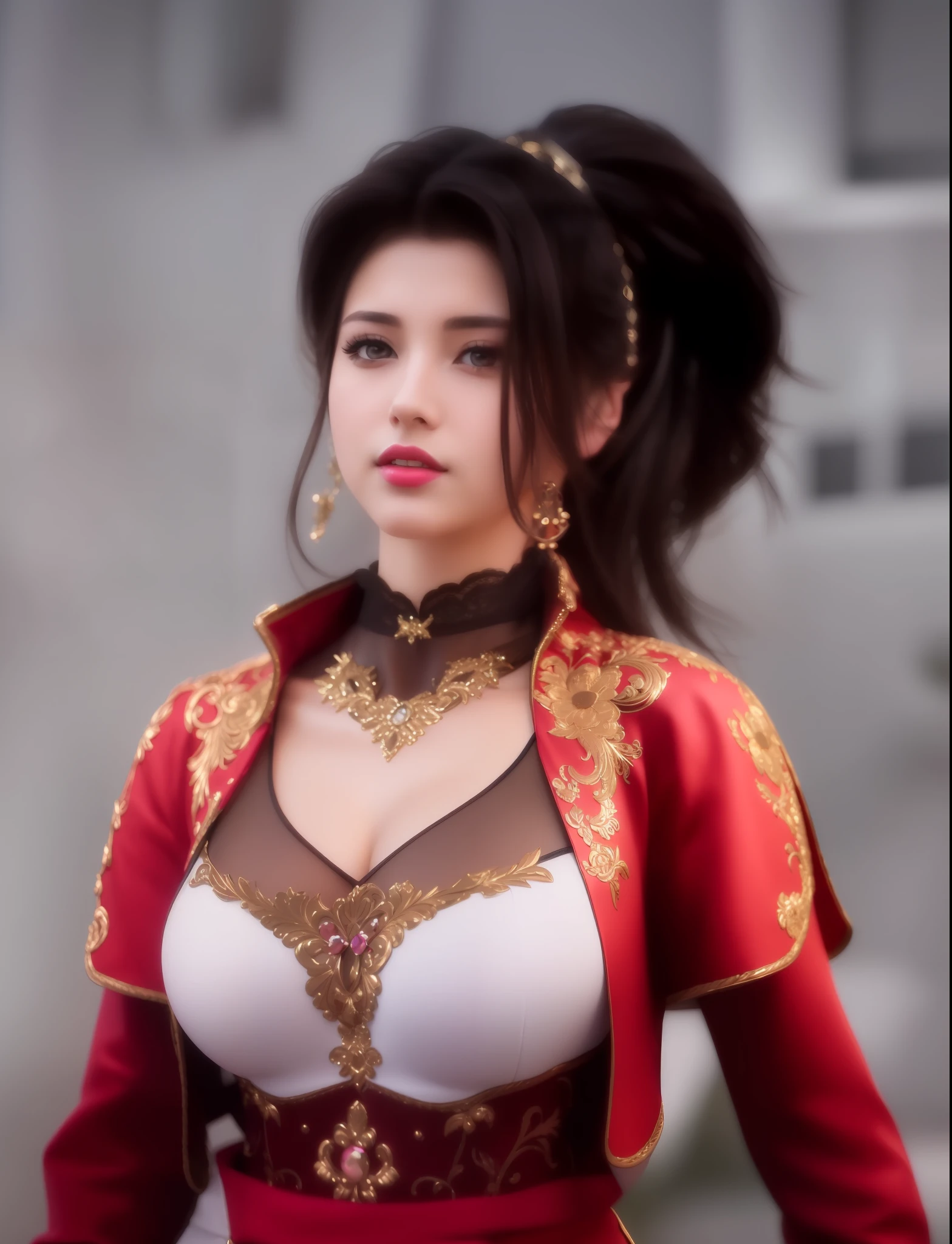 (masterpiece, best quality, extremely detailed 8k, ultra hd, ultra-detailed, highly detailed, highly realistic, ultra-realistic, photo realistic), (1girl:1.5), (detailed realistic skin), (realistic big breasts), (pink lipstick)