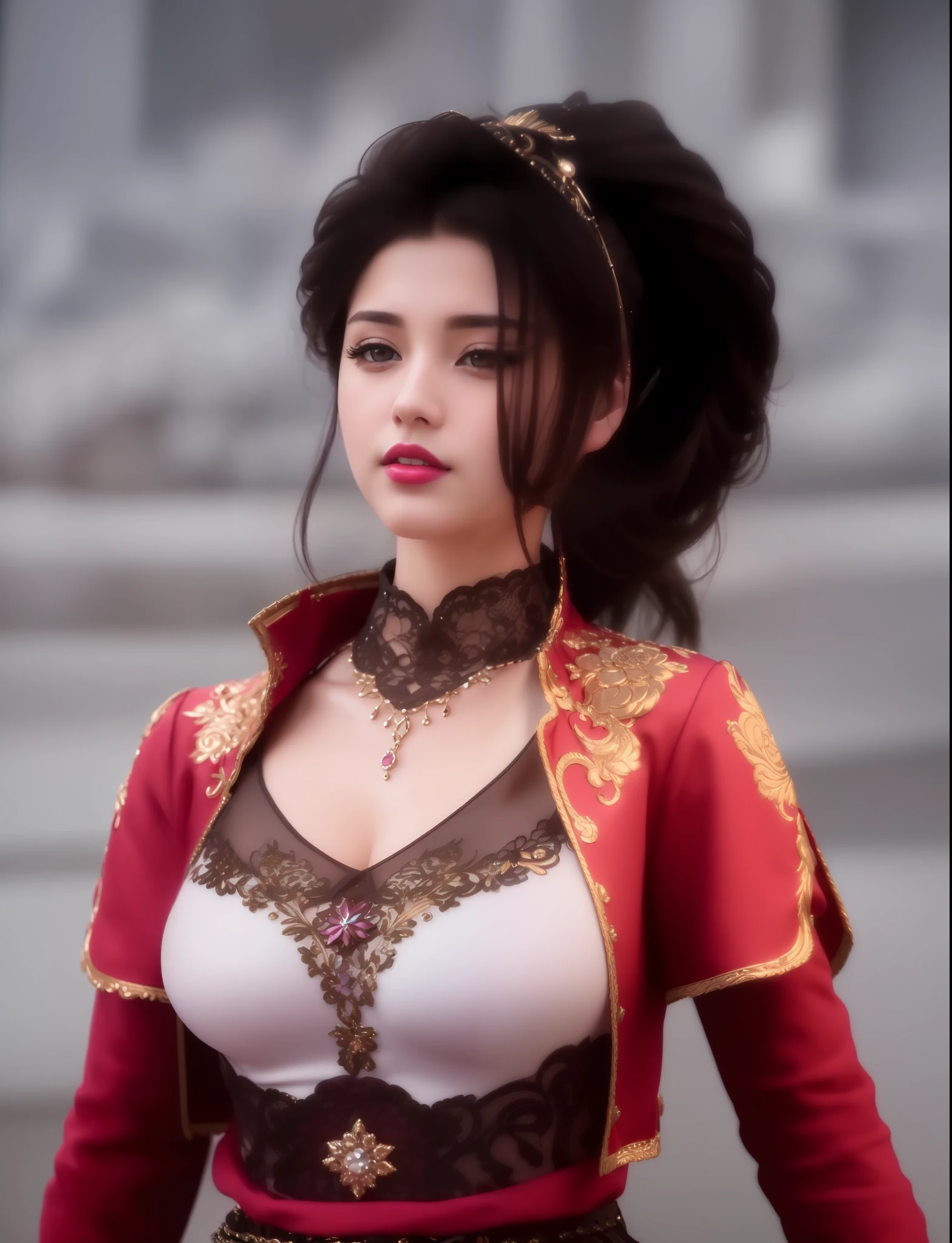 (masterpiece, best quality, extremely detailed 8k, ultra hd, ultra-detailed, highly detailed, highly realistic, ultra-realistic, photo realistic), (1girl:1.5), (detailed realistic skin), (realistic big breasts), (pink lipstick)