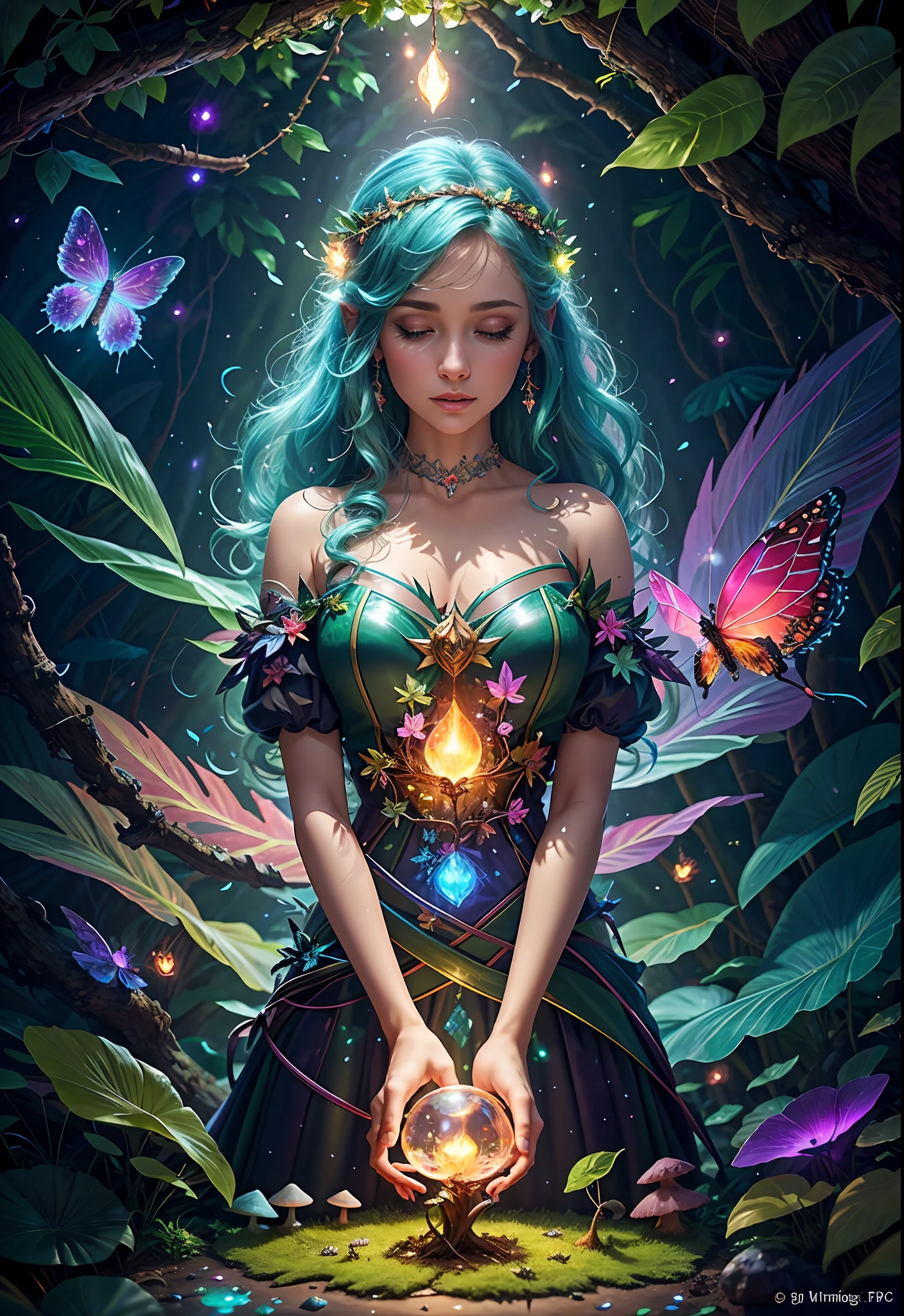 Fantasy in crystals, "ethereal roses, cute slime animals, glowing little mushrooms surrounded by delicate leaves and branches, and fireflies and glowing particle effects", (natural elements), (jungle theme), (leaves), (branches), (fireflies), butterflies, (delicate leaves), (glow), (particle effects), super realistic, super detailed, dramatic lightning, 4k, masterpiece,