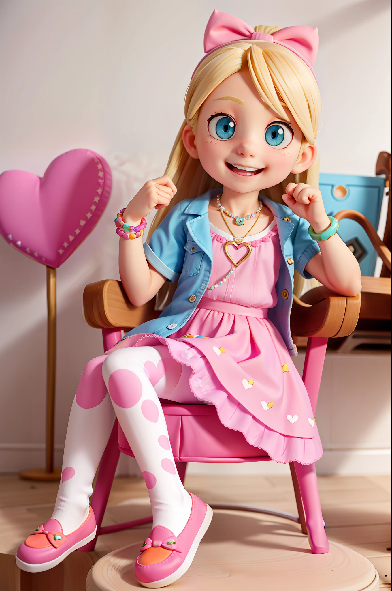 beautiful Winry Rockbell at 6 years old with sad blonde hair, sitting in a chair, attire with a pink bow in her hair. Her face is sweet and expressive, with bright eyes and a radiant smile.
She wears a short-sleeved blouse in pastel tones, with flower prints. She pairs the top with a short, puffy skirt in a vibrant, pink-like color. The skirt has lace details and purple leggings with white hearts.
She wears comfortable slippers in a bright color and colored laces.
She wears a bright and colorful bracelet on her wrist, as well as a necklace with a heart-shaped pendant and a playful little backpack with unicorn prints.