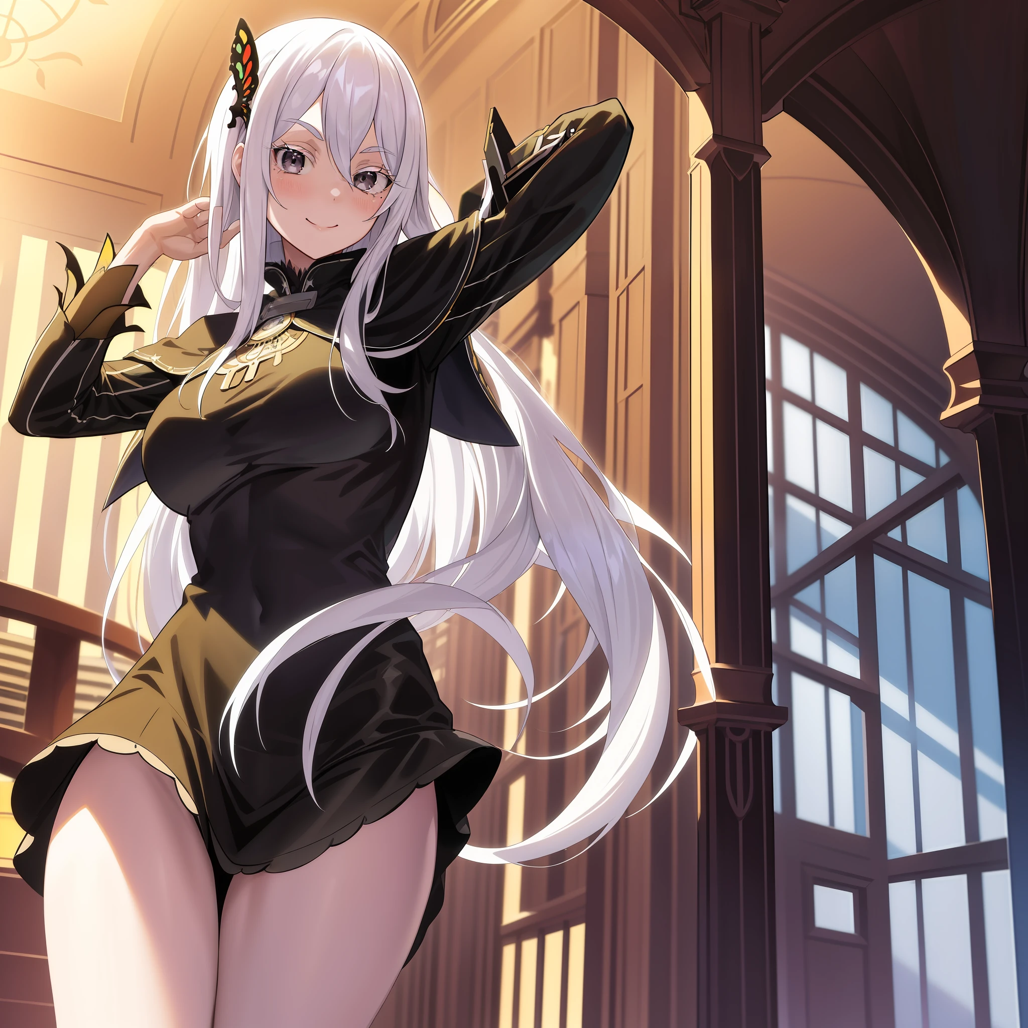 masterpiece,best quality,anime,2d,detailed eyes,
1girl, solo, long hair, butterfly hair ornament, smile,hair between eyes, black dress, looking at viewer, breasts, very long hair, black capelet, capelet, long sleeves, bangs, closed mouth, book, black eyes, floating hair, holding book, blush, medium breasts, library, white hair, cowboy shot, hand up, standing,colored eyelashes, white_eyelashes,white eyebrows,