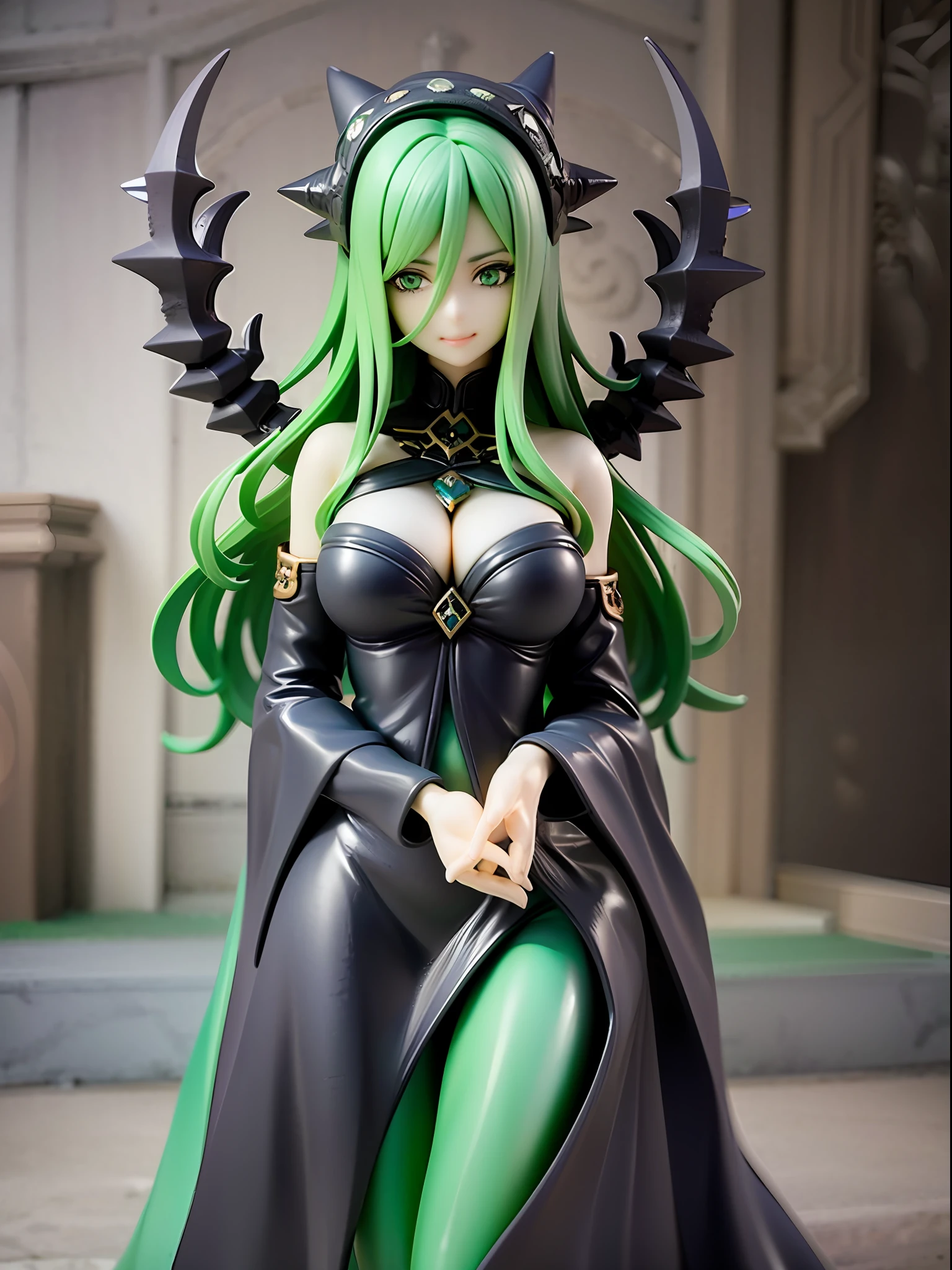 Lovecraftian goddess, black medium hair, emerald green eyes, mysterious smile, ancient deep green and black robe, arms wide open drawing ancient symbols, in the deep sea, front view, looking afar, average chest size,
