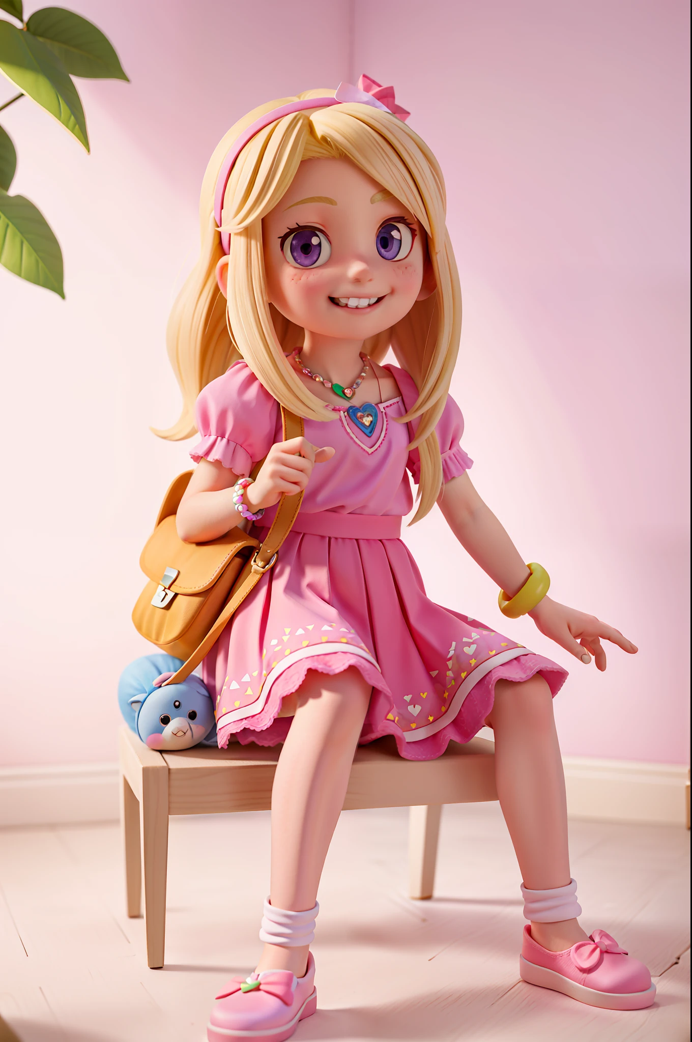 beautiful Winry Rockbell at 6 years old with sad blonde hair, sitting in a chair, attire with a pink bow in her hair. Her face is sweet and expressive, with bright eyes and a radiant smile.
She wears a short-sleeved blouse in pastel tones, with flower prints. She pairs the top with a short, puffy skirt in a vibrant, pink-like color. The skirt has lace details and purple leggings with white hearts.
She wears comfortable slippers in a bright color and colored laces.
She wears a bright and colorful bracelet on her wrist, as well as a necklace with a heart-shaped pendant and a playful little backpack with unicorn prints.