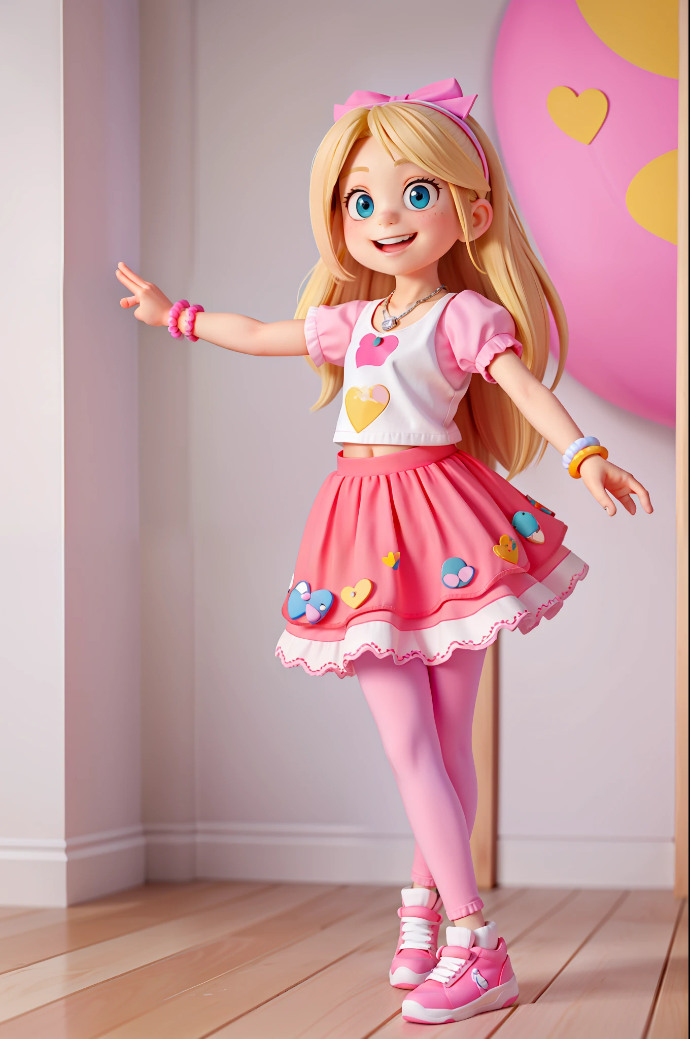beautiful Winry Rockbell at 6 year old with blond hair dancing hip hop, rap style,happy, outfit with a pink bow in her hair. Her face is sweet and expressive, with bright eyes and a radiant smile.
She is wearing a short-sleeved blouse in pastel tones, with flower prints. She pairs the top with a short, puffy skirt in a vibrant color, like pink. The skirt has lace details and purple leggings with white hearts.
she is wearing comfortable sneakers in a bright color and colored laces.
She wears a bright and colorful bracelet on her wrist, as well as a necklace with a heart-shaped pendant and a playful little backpack with unicorn prints.
