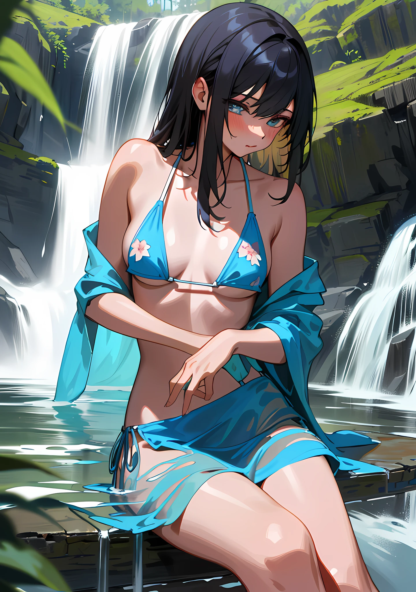 "Gorgeous and high-quality, highly detailed masterpiece that features 2 charming girls in bikini sitting near a waterfall. Creating a sexual atmosphere." medium breasts, (nipple slip:1.1), nipple, kissing, bare chest, ripped clothes