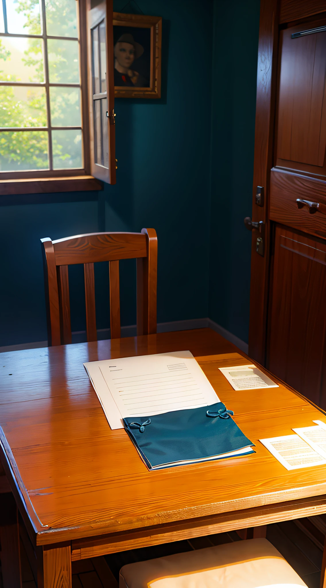 The documents in the blue wrap were on the shabby table, the shabby room