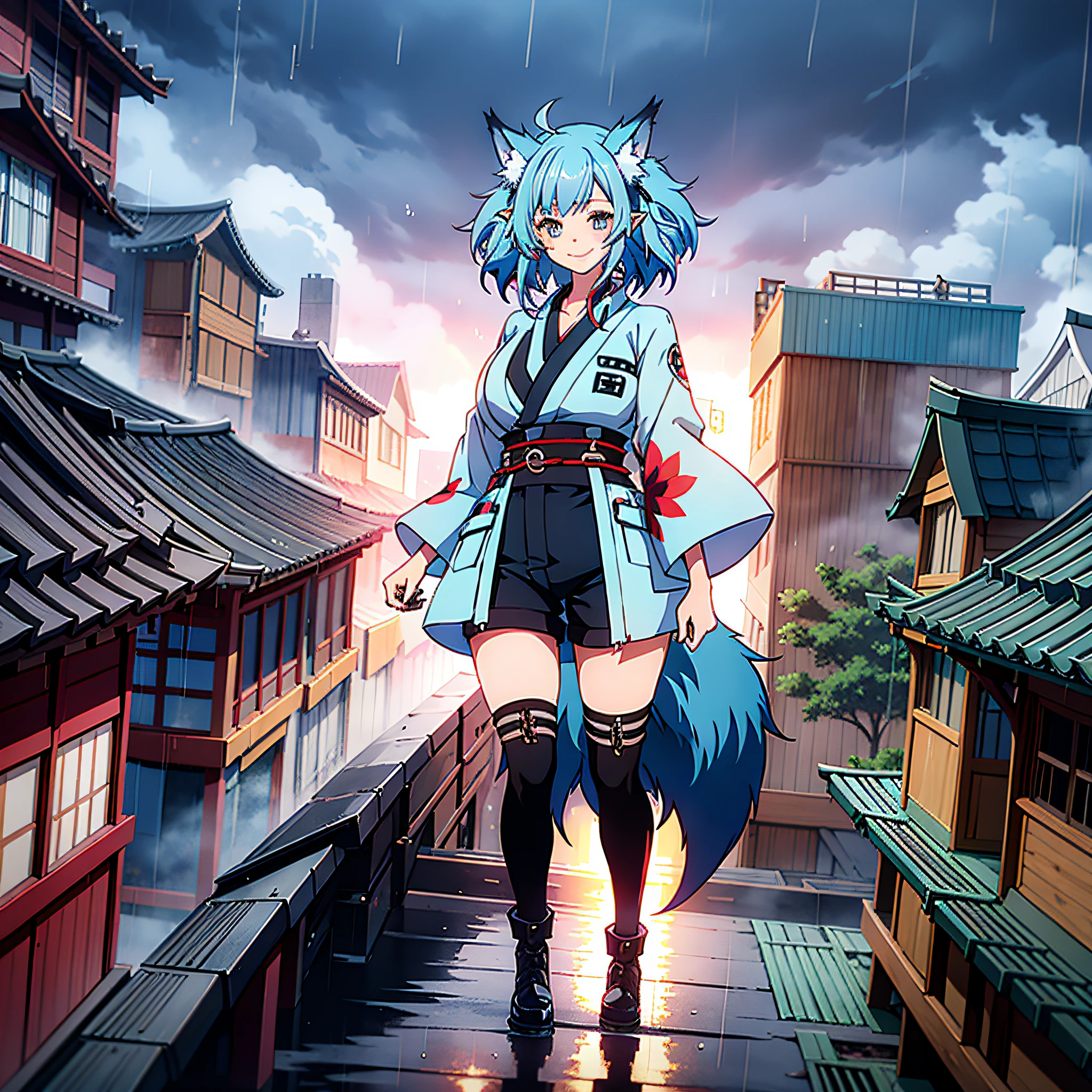 dead buildings in the background, buildings without light, top of a building, fog, rain, heavy rain, storm, , night, akatsuki clothing, 1girl, big breasts, smile, short, chubby, full body, long blue hair, upper blue hair, chained lower red hair, blue fox ears, blue fox tail, big bust, gray eyes, gray pupils, blue kimono, black knee length shorts, scanned, , Hedda Sterne