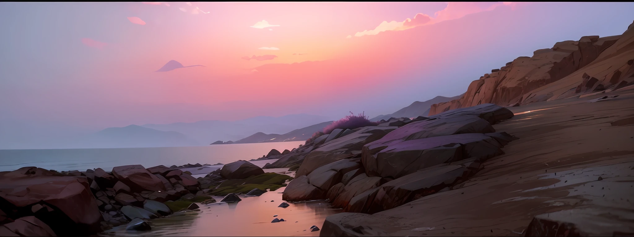 There is a small pool of water on the rocks by the sea, low camera angle at the water level, nature documentary stills, highly detailed watercolor 8K, highly detailed watercolor 8K, time-lapse, long exposure 8K, 8K HDR sunset lit, sunset colors, most beautiful sunset, full light, (((Makoto Shinkai style)), pixiv, anime painting, high quality, pink and purple sky, beautiful scenes), (universe, train passing by, magical realism, ((makoto shinkai style)) ::0.8), [Art Atmosphere, Vibe: 0.8, Hills, Sparkling Water, Smoke, Low Perspective, Specular Scattering.]