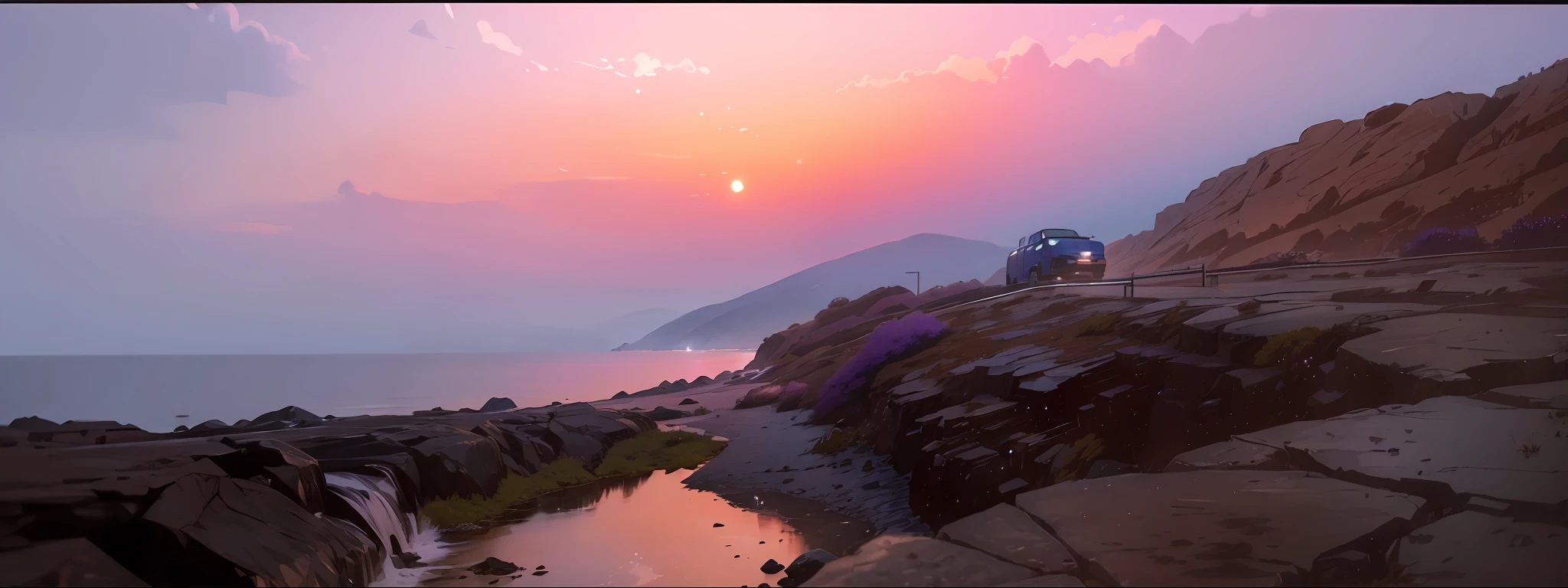 There is a small pool of water on the rocks by the sea, low camera angle at the water level, nature documentary stills, highly detailed watercolor 8K, highly detailed watercolor 8K, time-lapse, long exposure 8K, 8K HDR sunset lit, sunset colors, most beautiful sunset, full light, (((Makoto Shinkai style)), pixiv, anime painting, high quality, pink and purple sky, beautiful scenes), (universe, train passing by, magical realism, ((makoto shinkai style)) ::0.8), [Art Atmosphere, Vibe: 0.8, Hills, Sparkling Water, Smoke, Low Perspective, Specular Scattering.]