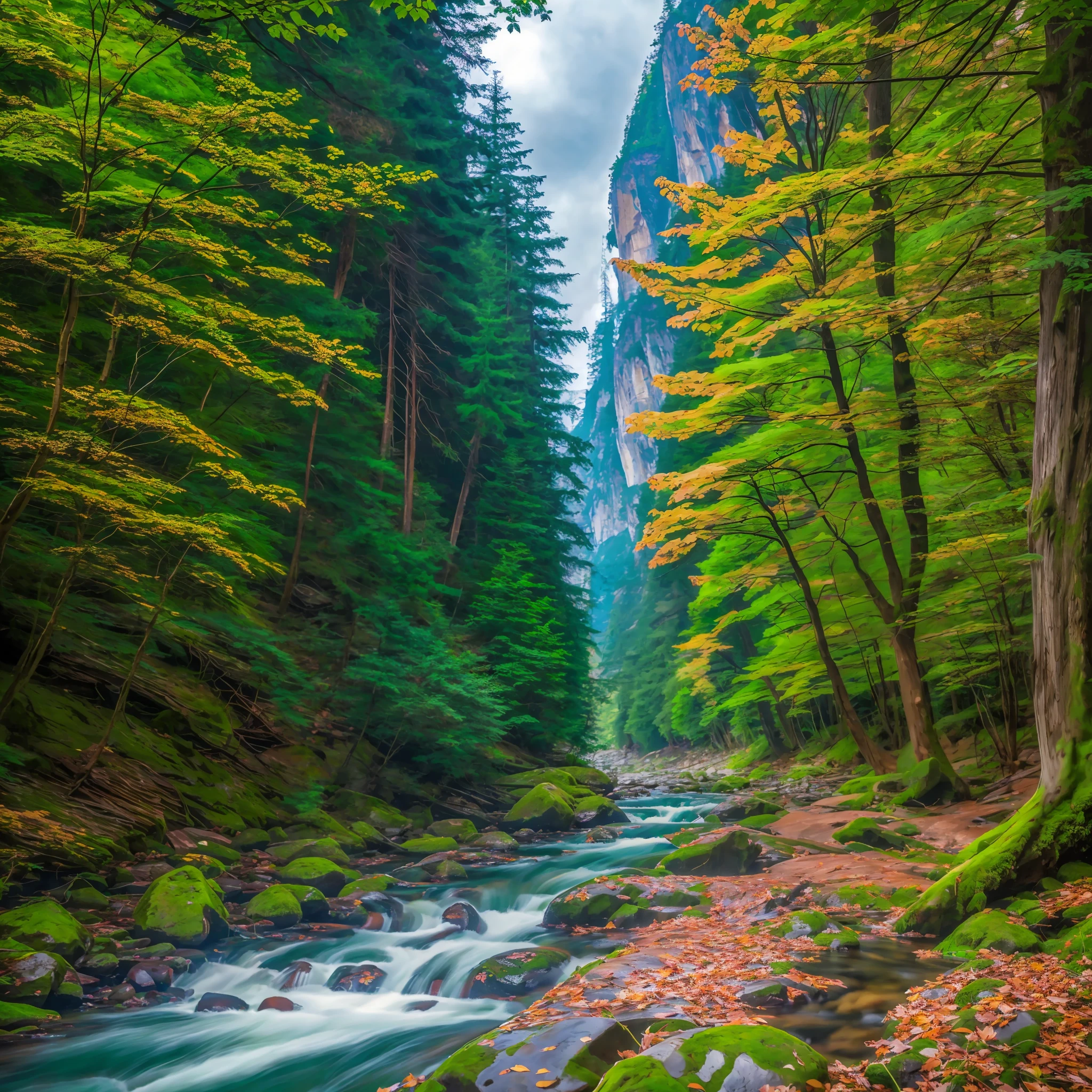 nature central river mountain stream lush trees photo reality --auto --s2